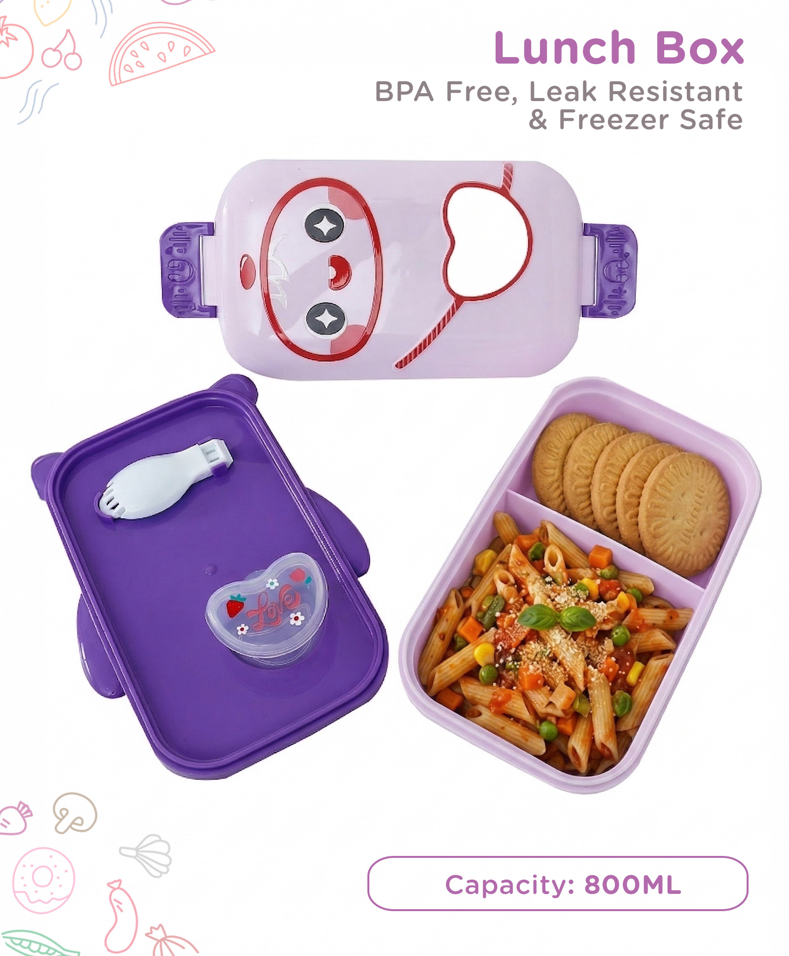 Kids Section Lunch Box with Foldable Spoon - Purple| BPA Free & Freezer Safe| Leak-Resistant School Tiffin Box with Inner Divider| Lunch Box for Boys & Girls-image-33