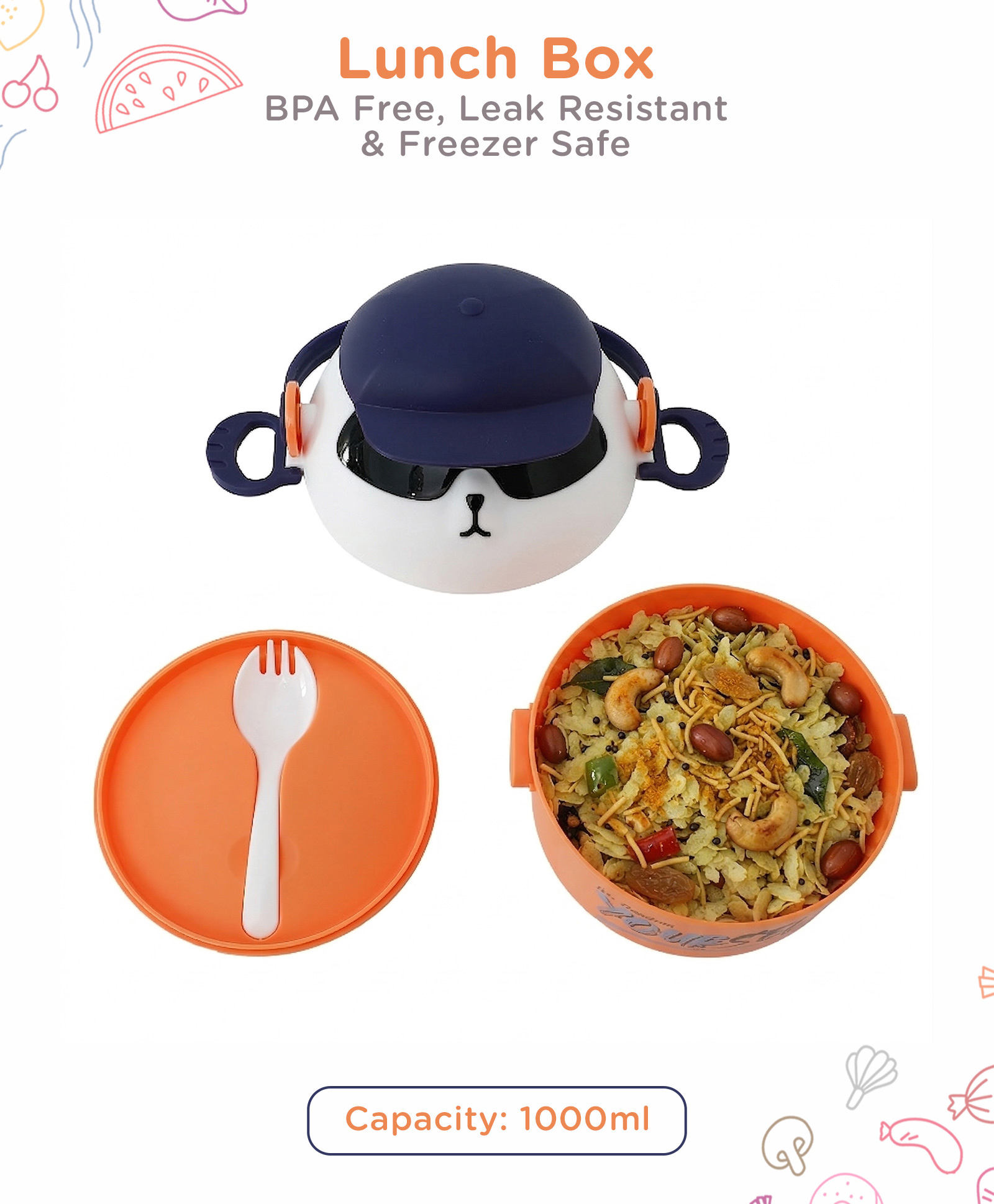Kids Compartment Lunch Box with Handle - Orange| BPA-Free, Leak-Resistant & Freezer Safe| Food Storage Container with Inner Bowl and Spoon-image-13
