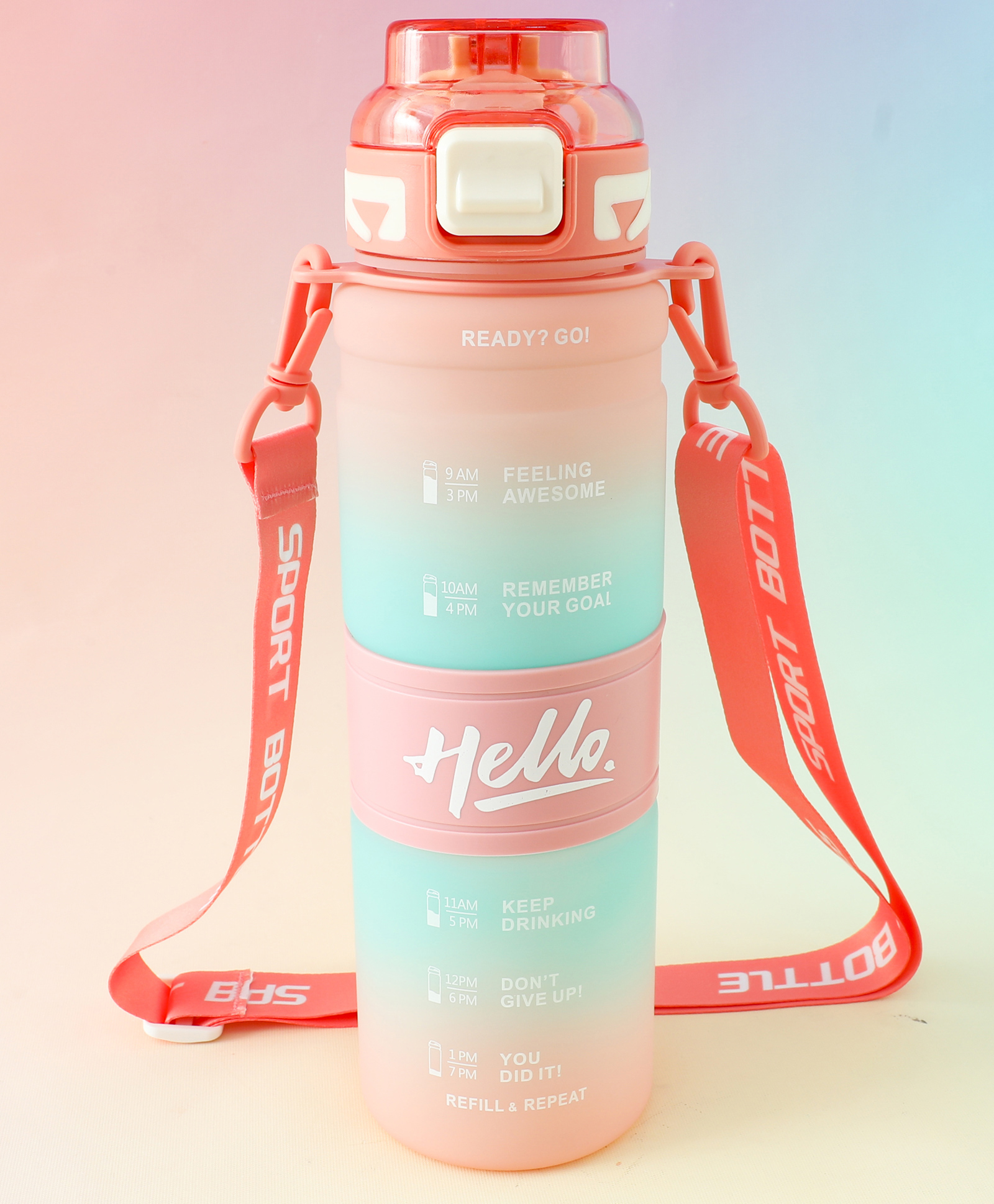 BPA-Free Straw Water Bottle with Time Markings 1000 ml - Pink| Leak-Resistant| Flip Lid Drinking| Bottle with Adjustable Sling for School Going Boys & Girls-image-40