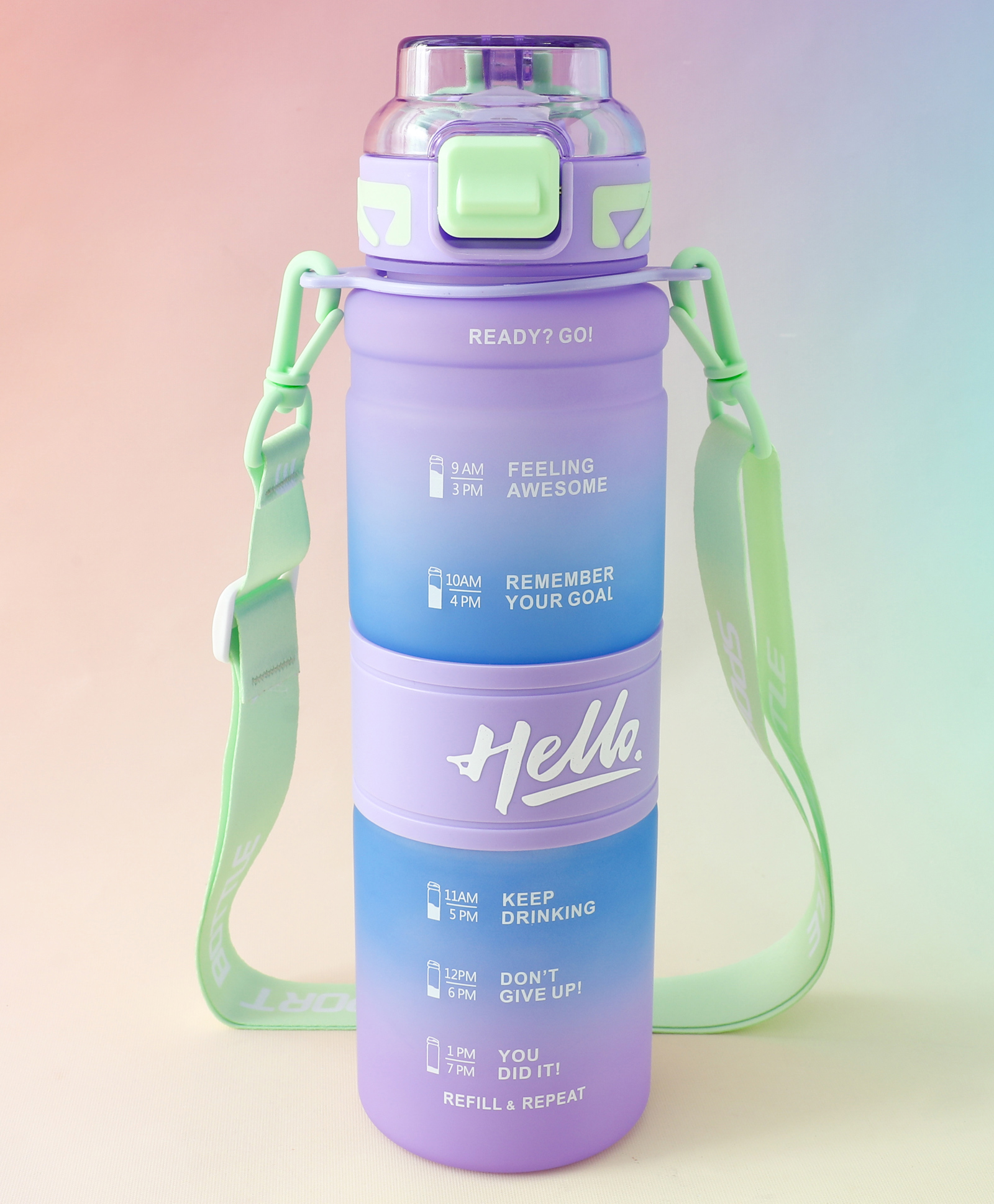BPA-Free Straw Water Bottle with Time Markings 1000 ml - Purple| Leak-Resistant| Flip Lid Drinking| Bottle with Adjustable Sling for School Going Boys & Girls-image-42