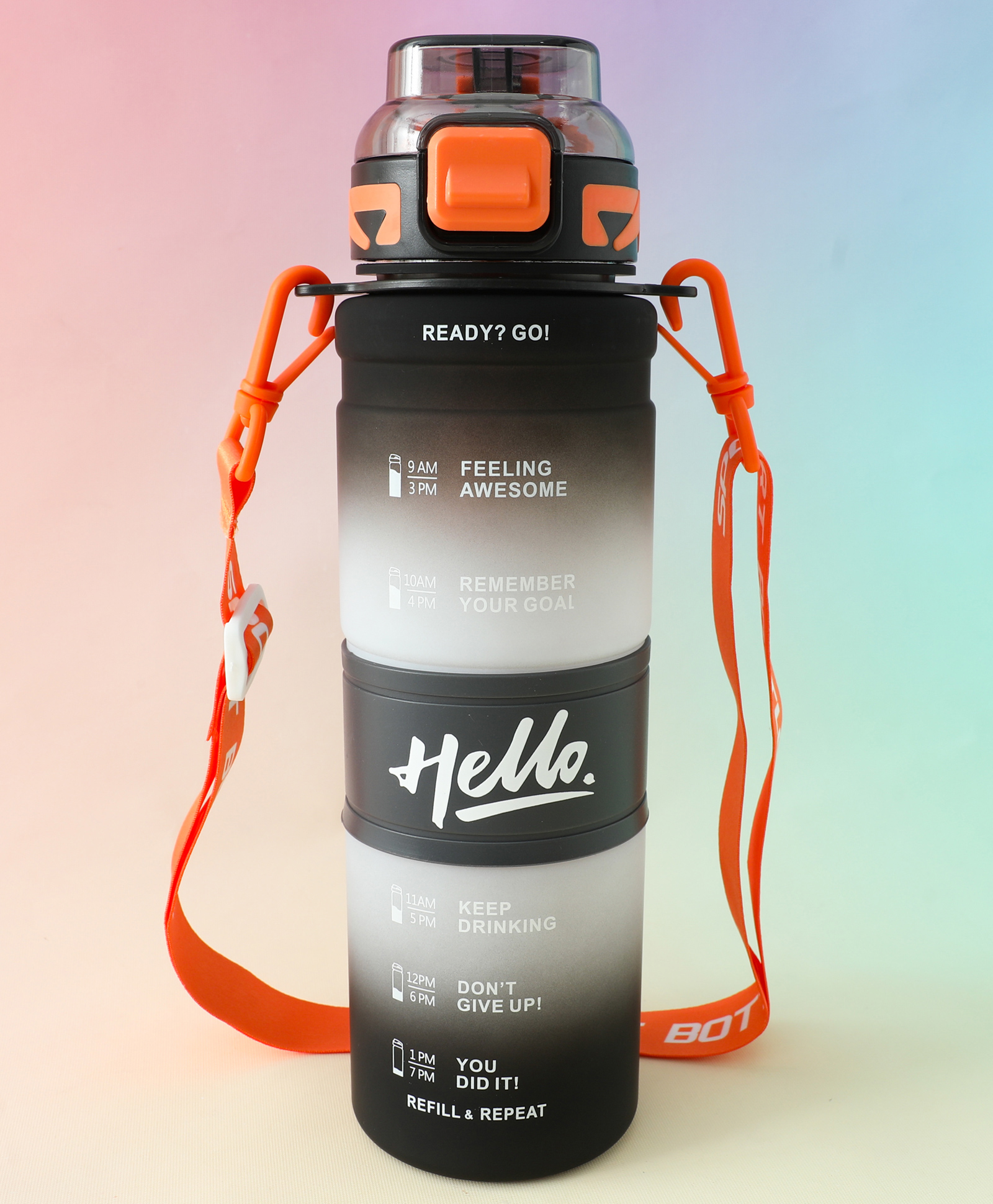 BPA-Free Straw Water Bottle with Time Markings 1000 ml - Black| Leak-Resistant| Flip Lid Drinking| Bottle with Adjustable Sling for School Going Boys & Girls-image-41
