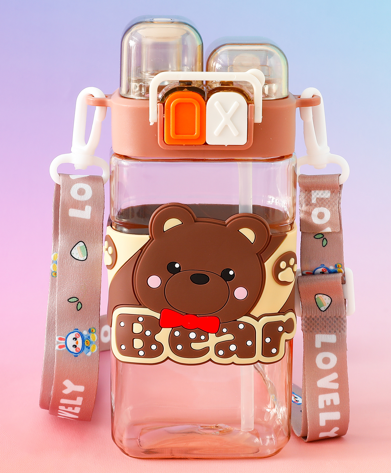 fab n funky Bear Dual Sipper Water Bottle 550ml - Brown| BPA Free| Leak Resistant & Freezer Safe| Straw Sipper for School Going Boys & Girls-picture-24