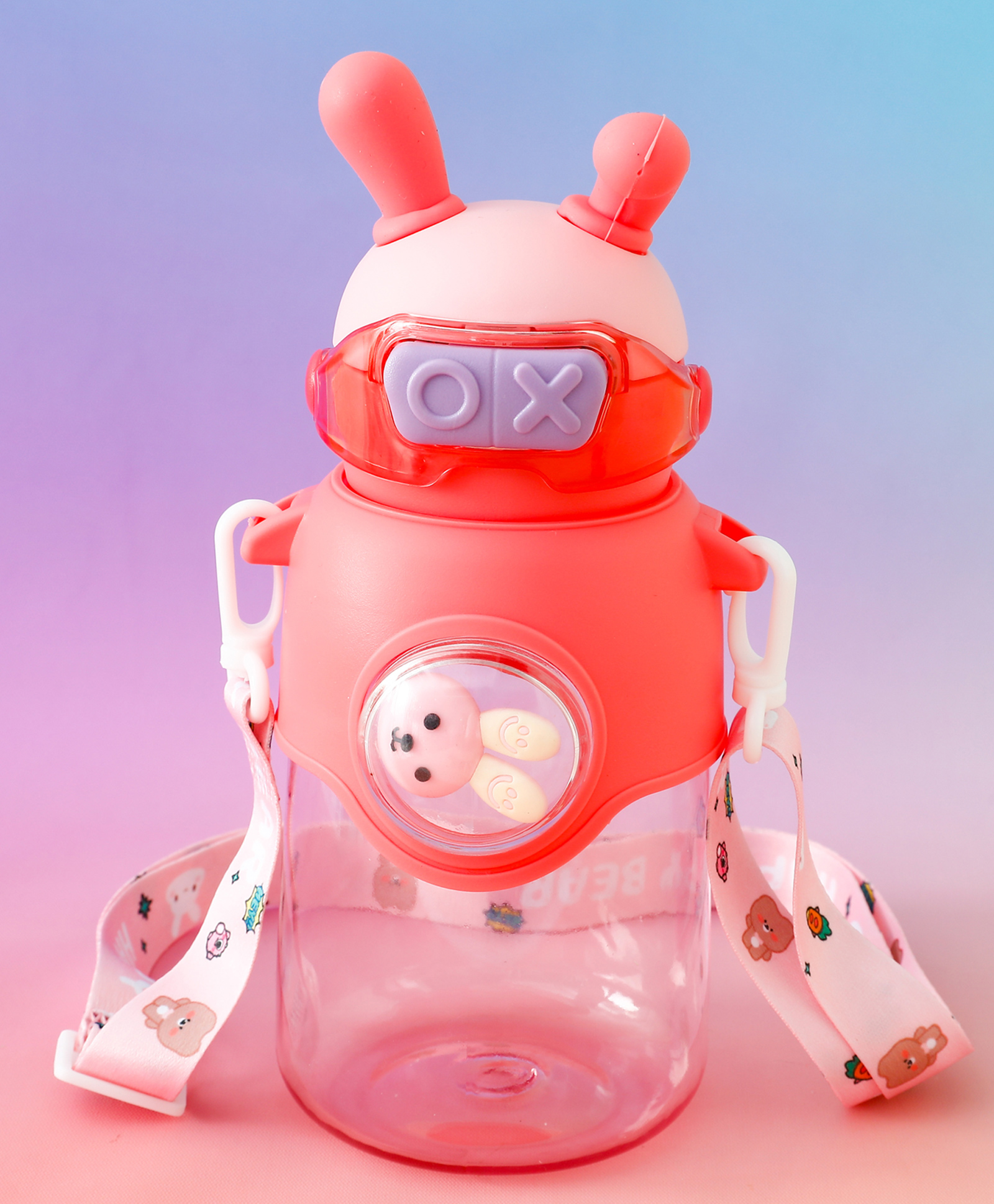 fab n funky Bunny Character Kids Water Bottle 650 ml - Pink| BPA Free & Freezer Safe| Straw Bottle with Leak-Resistant Lid & Sling Strap| School Sipper for Boys & Girls-picture-31