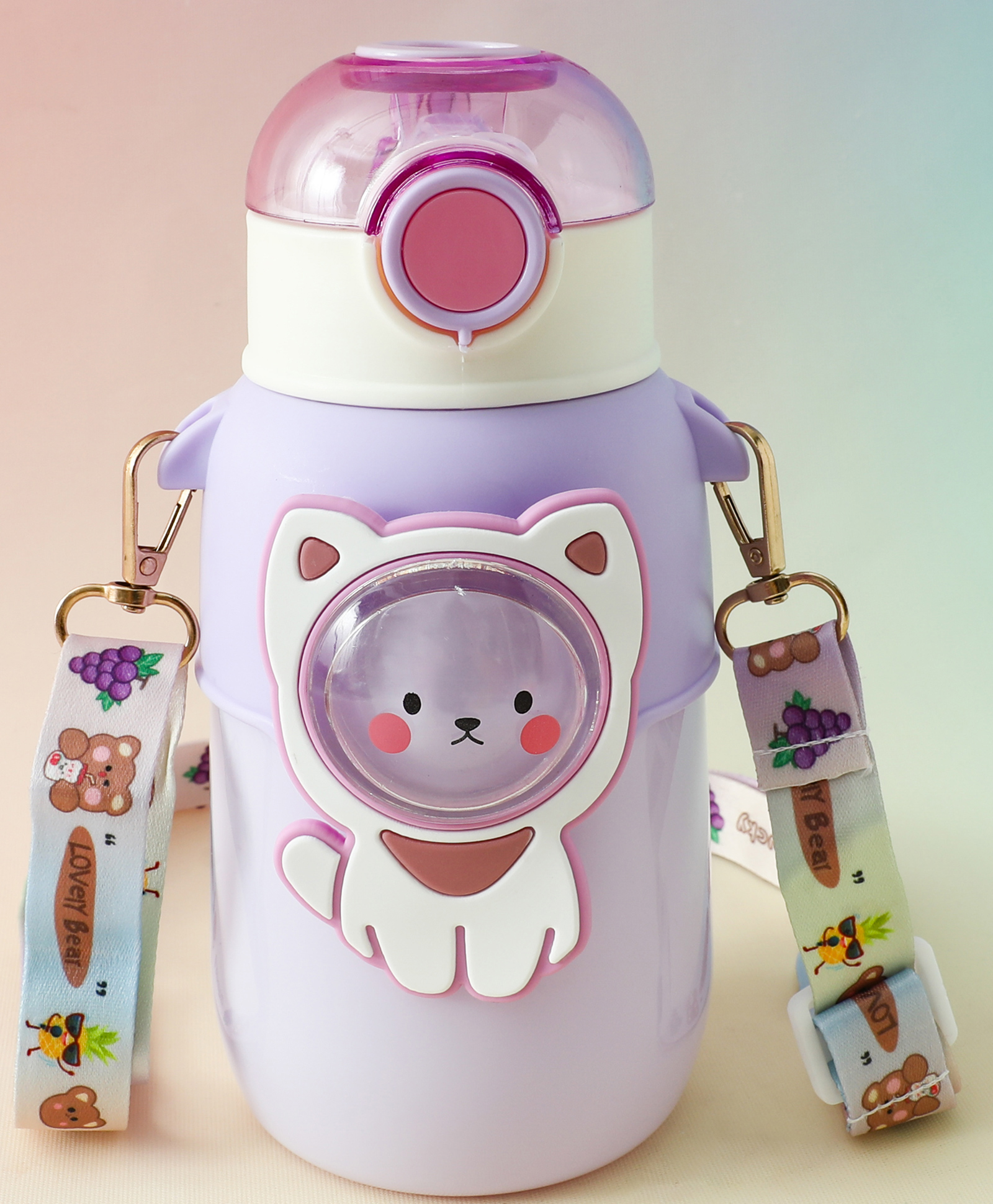 fab n funky Kitty Kids Straw Water Bottle 650ml - Purple| Leak-Resistant| Flip-Top Drinking Bottle with Strap for School, Travel & Outdoor Use| Sipper for School Going Boys & Girls-picture-27