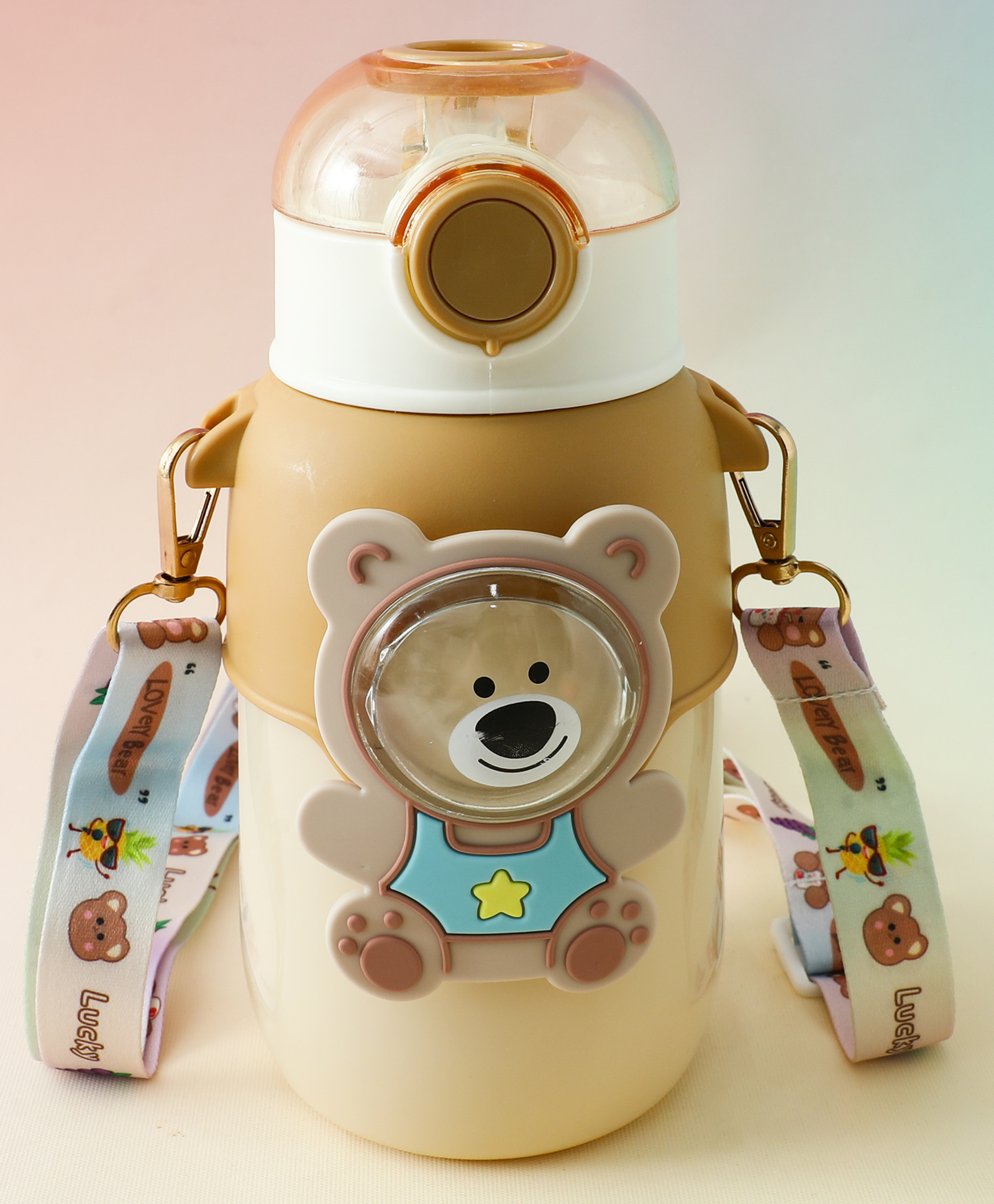 Kitty Kids Straw Water Bottle 650ml - Brown| Leak-Resistant| Flip-Top Drinking Bottle with Strap for School, Travel & Outdoor Use| Sipper for School Going Boys & Girls