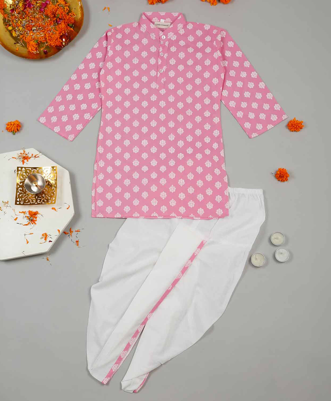 Little Ginnie Cotton Woven Full Sleeves Floral Printed Kurta Dhoti Set - Pink-picture-24