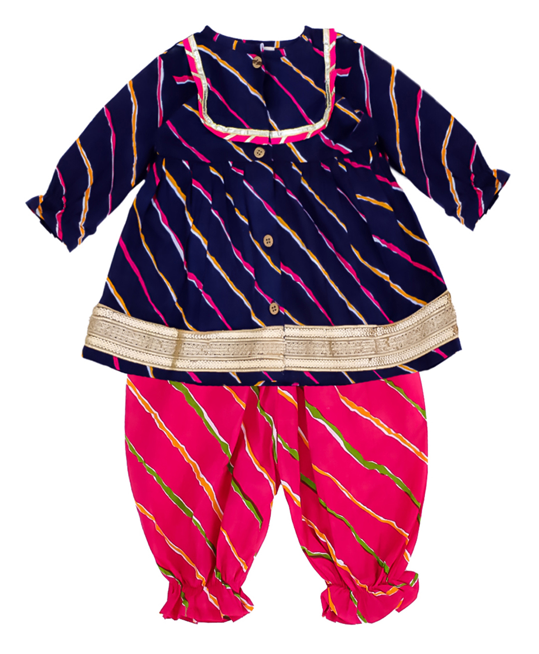 Little Ginnie Cotton Woven Three Fourth Sleeves Lehriya Printed & Gota Lace Embellished Kurti Salwar Set - Navy Blue-picture-23