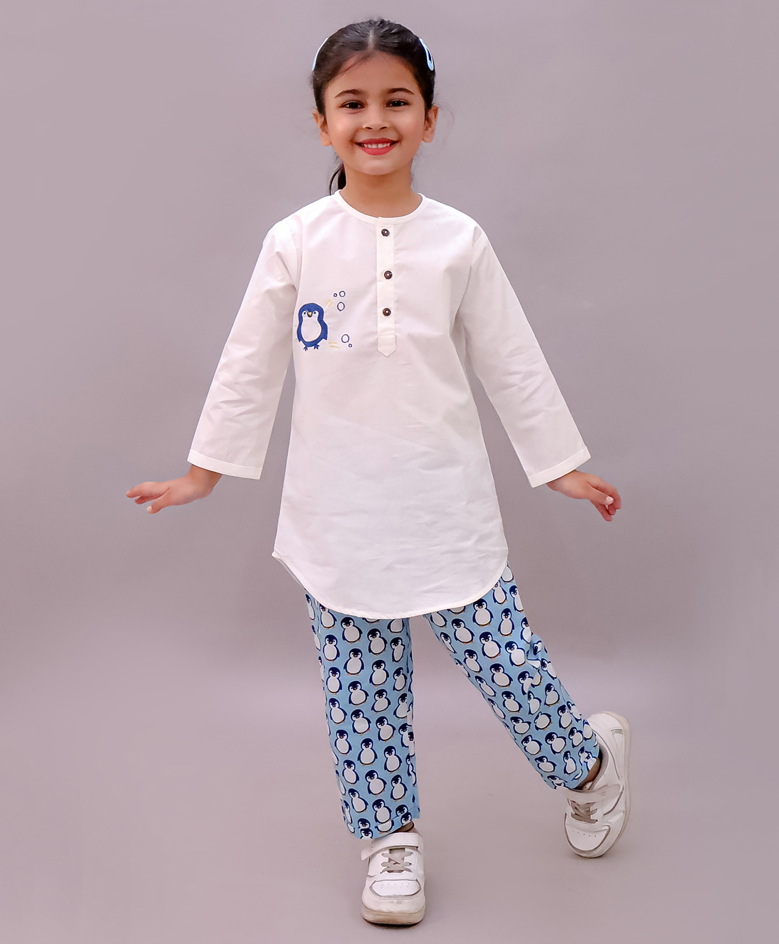 Little Ginnie Cotton Woven Full Sleeves Penguin Embroidered Kurti & Pant Set - Blue-image-18