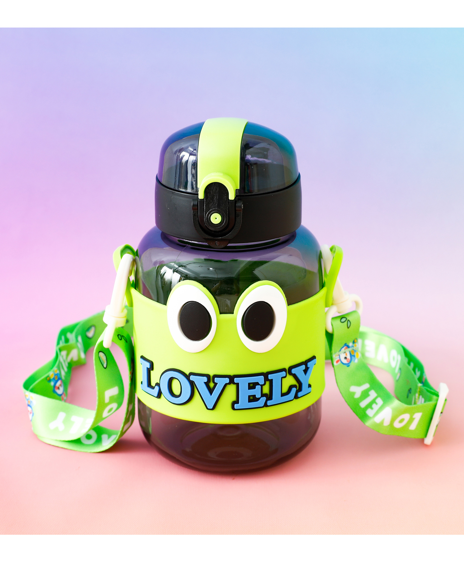 fab n funky Cute Cartoon Kids Water Bottle 650 ml with Straw - Black Green| Leak-Resistant| Flip-Top Sipper Bottle with Strap| for School, Travel & Outdoor Use-picture-16