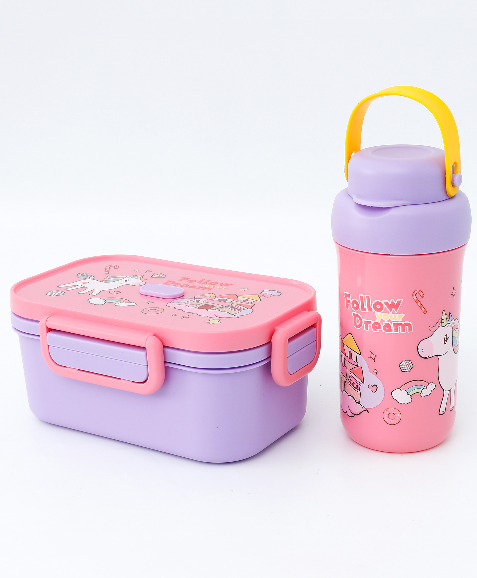 Kids Compartment Lunch Box & Water Bottle Set - Pink Purple| 1100ml Lunch Box with 470 ml Bottle| with Spoon & Fork| BPA-Free Food Storage Combo| for School Going Boys & Girls