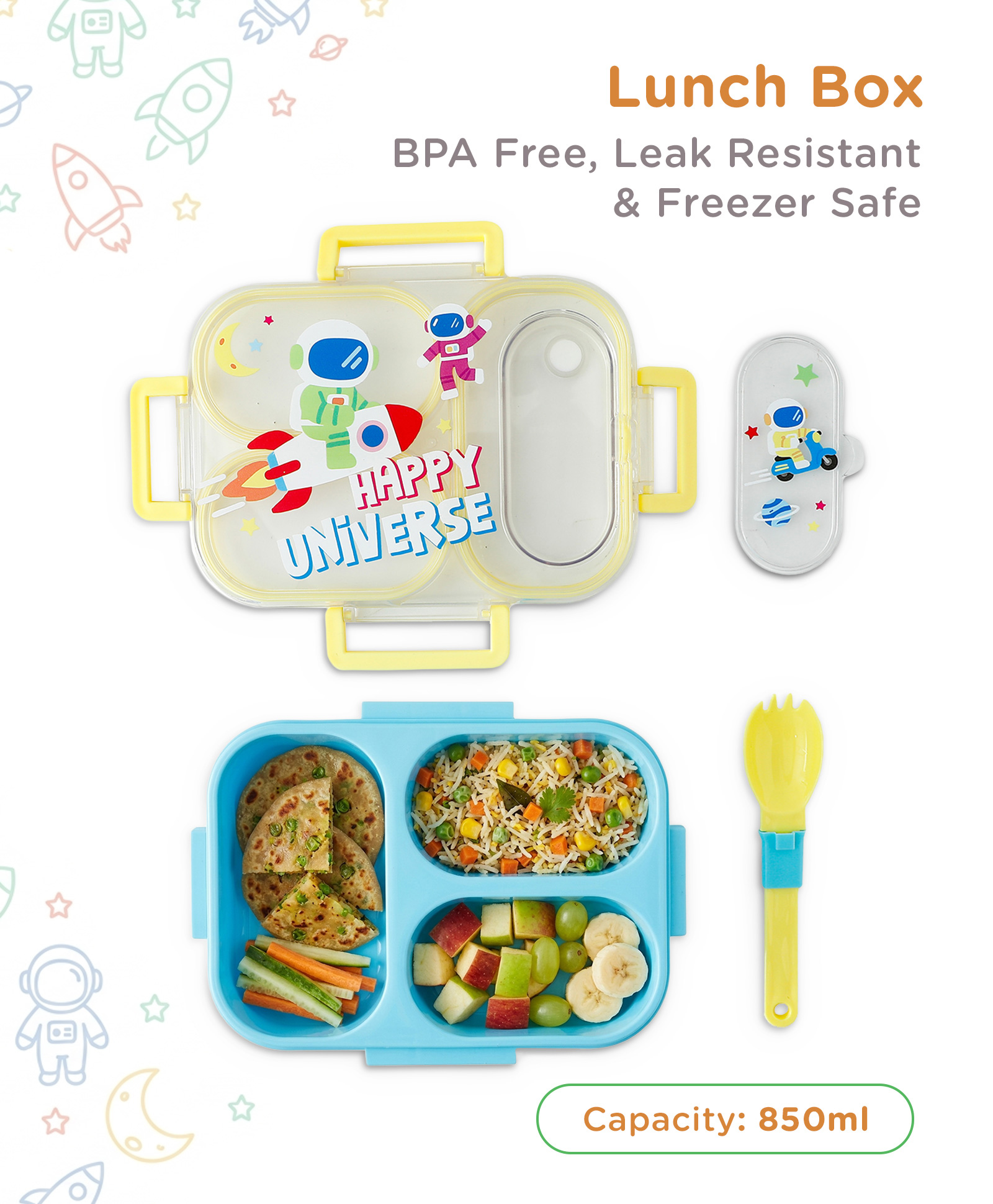 fab n funky Happy Universe Astronaut Lunch box 3 Compartment with Spoon 850ml - Blue| BPA Free| Leak-Resistant & Freezer Safe| Ideal for School, Home & Travel-picture-20