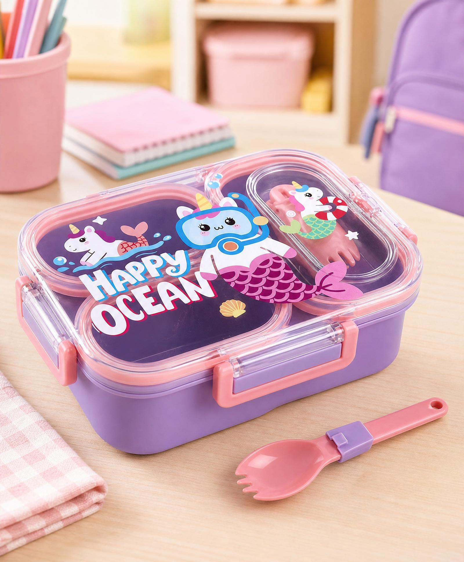 fab n funky Happy Universe Astronaut Lunch box 3 Compartment with Spoon 850ml - Purple| BPA Free| Leak-Resistant & Freezer Safe| Ideal for School, Home & Travel-picture-37