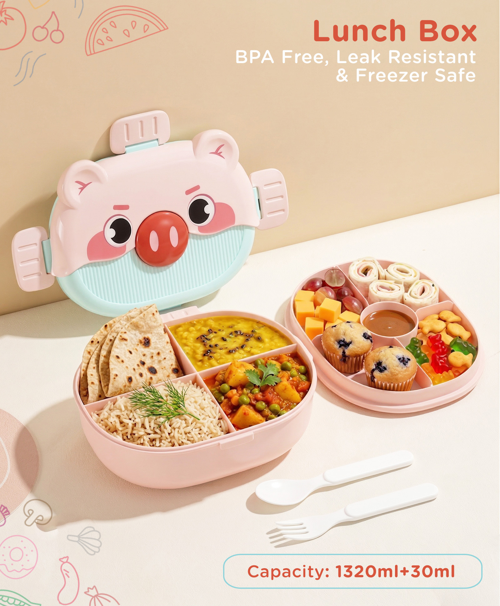 Compartment Kids Lunch Box (1320 + 30 ml) - Pink| Leak-Resistant| BPA-Free & Freezer-Safe| Compartment Lunch Box with Spoon & Inner Tray| Double Layer tiffin Box for Boys & Girls-image-18
