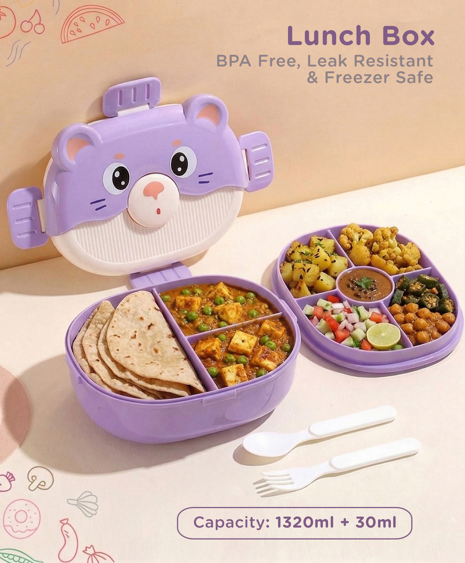 Compartment Kids Lunch Box (1320 + 30 ml) - Purple| Leak-Resistant| BPA-Free & Freezer-Safe| Compartment Lunch Box with Spoon & Inner Tray| Double Layer tiffin Box for Boys & Girls-image-21