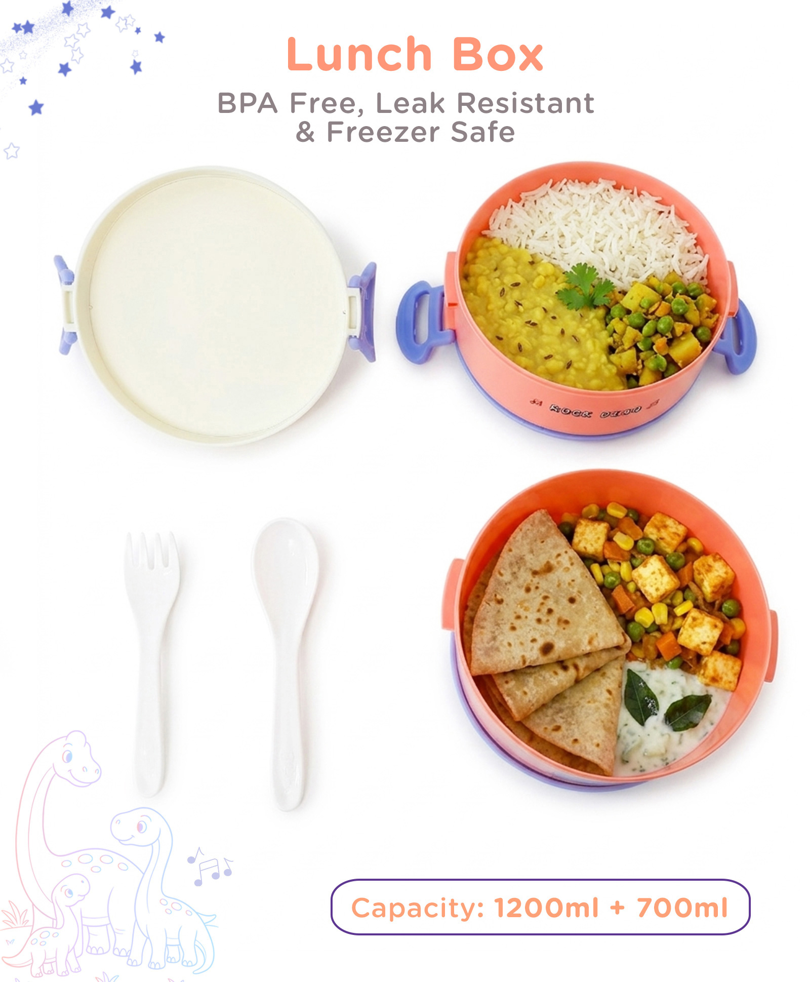 fab n funky Rock Dino Music Lunch Box 2 Compartment 1200ml + 700ml - Pink| BPA Free| Leak-Resistant & Freezer Safe| Ideal for School, Home & Travel-picture-22