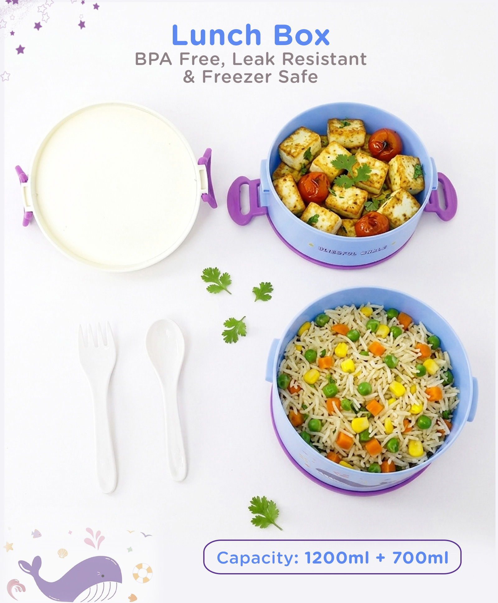 Blissful Whale Lunch Box 2 Compartment 1200ml + 700ml - Blue| BPA Free| Leak-Resistant & Freezer Safe| Ideal for School, Home & Travel-image-40