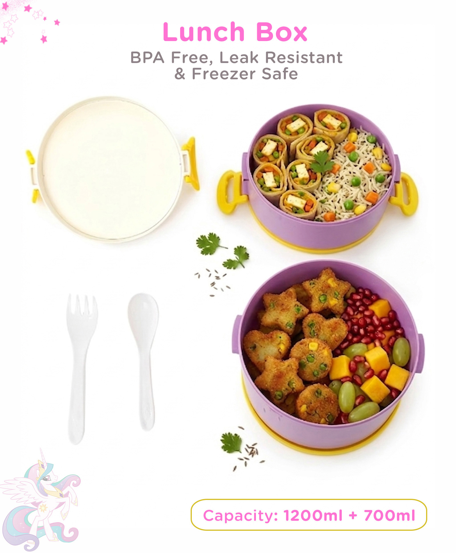 Fantastic Unicorn Lunch Box 2 Compartment 1200ml + 700ml - Purple| BPA Free| Leak-Resistant & Freezer Safe| Ideal for School, Home & Travel-image-4