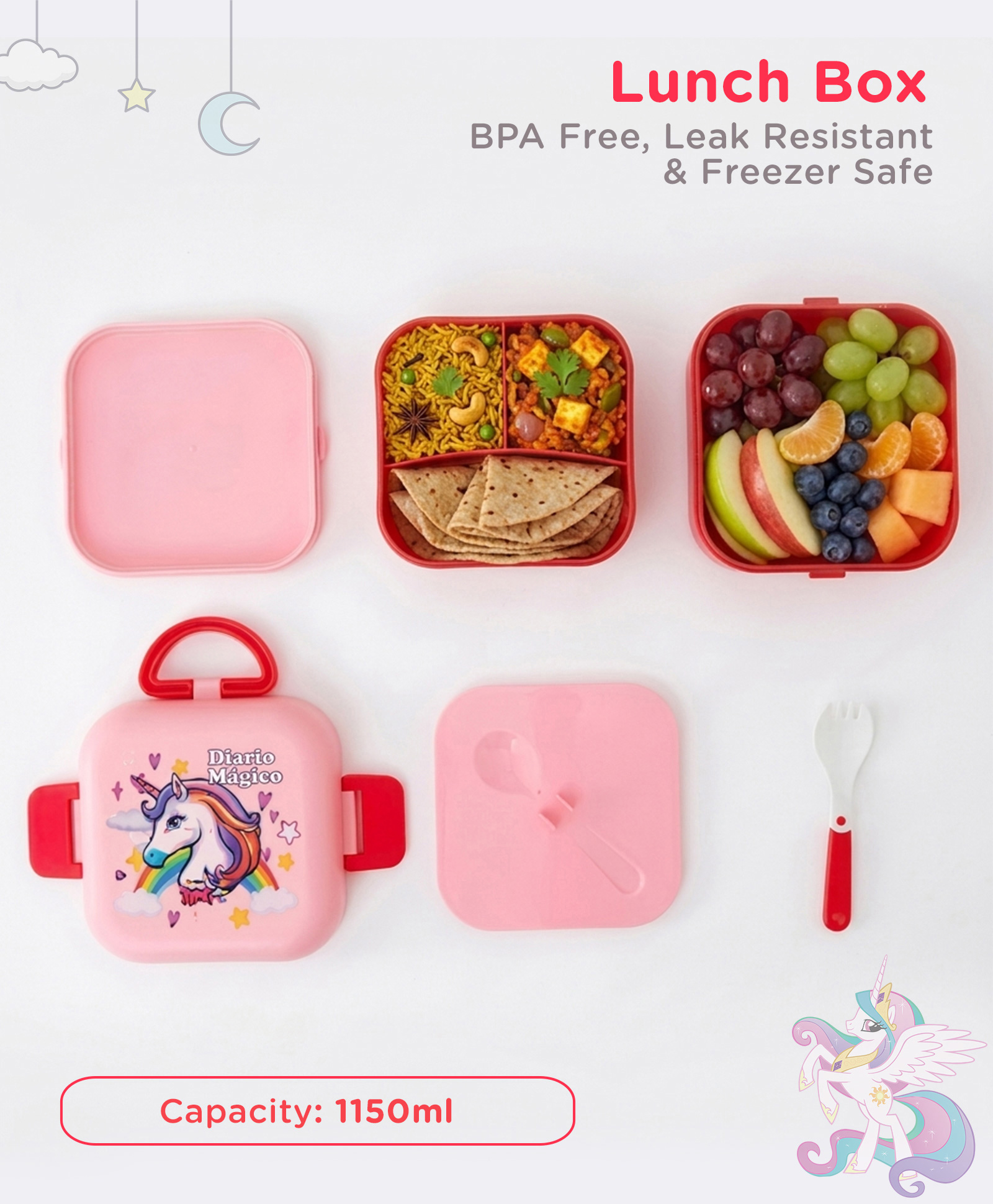 fab n funky Kids Section Lunch Box with Spoon 1150 ml - Pink| BPA-Free & Freezer-Safe| Leak-Resistant| Multi-Compartment Tiffin for School, Travel & Picnics| For School Going Boys & Girls-picture-22
