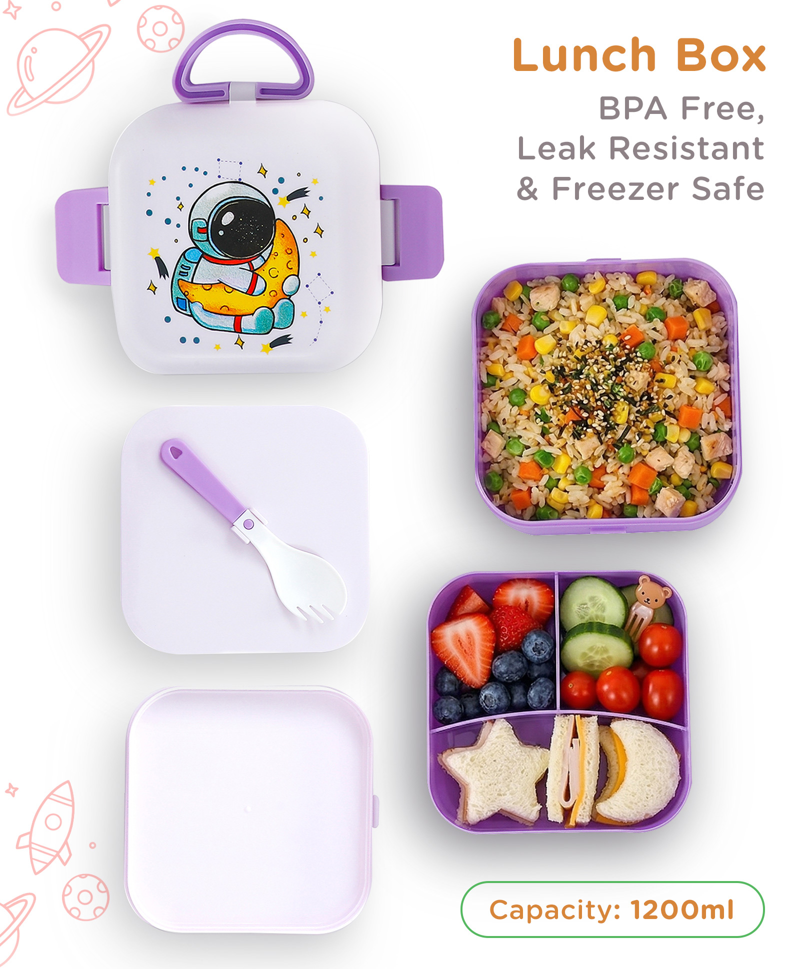 fab n funky Kids Section Lunch Box with Spoon 1150 ml - Purple| BPA-Free & Freezer-Safe| Leak-Resistant| Multi-Compartment Tiffin for School, Travel & Picnics| For School Going Boys & Girls-picture-23