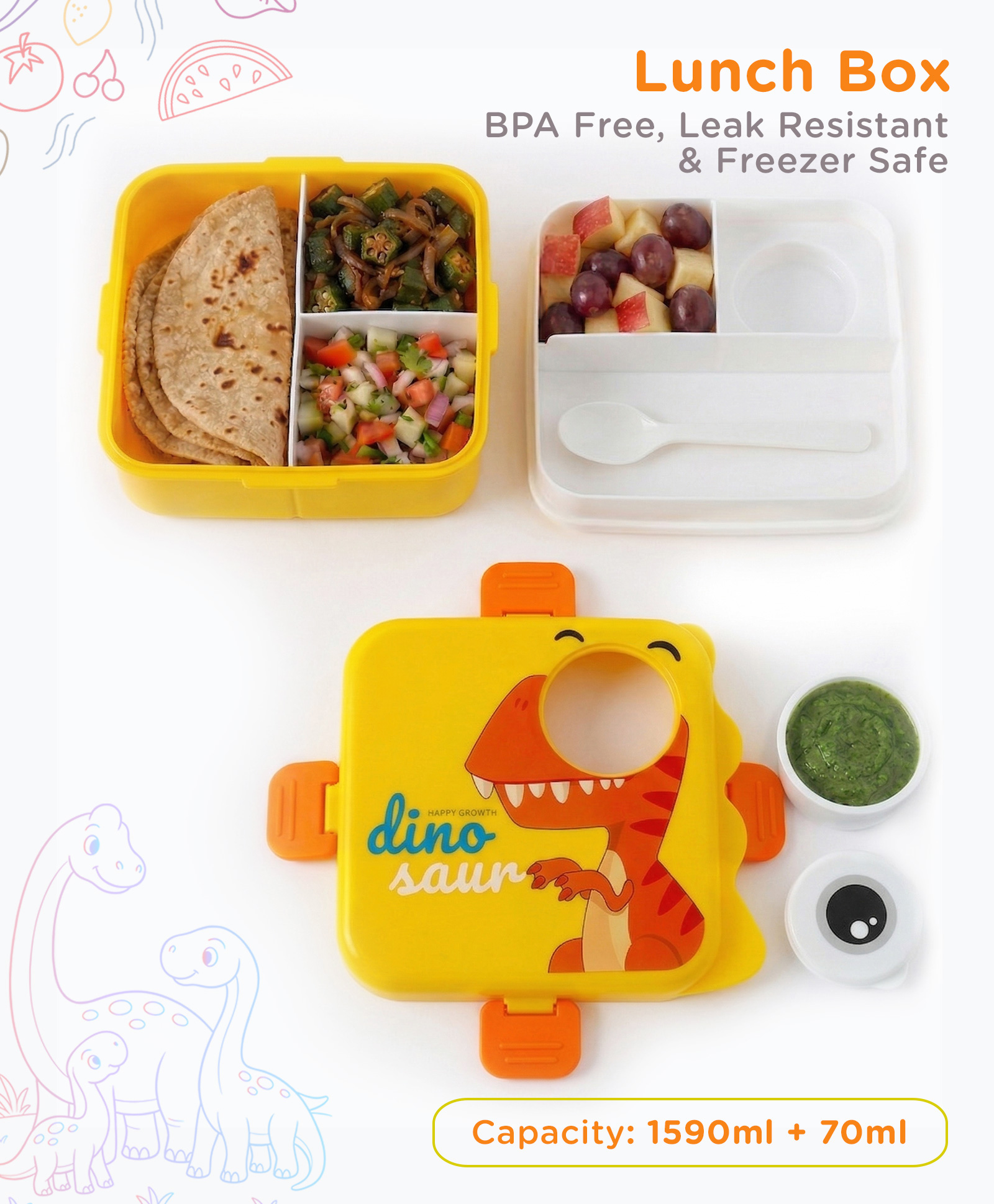 fab n funky Dino Kids Section Lunch Box with Spoon 1150 ml - Yellow| BPA-Free & Freezer-Safe| Leak-Resistant| Multi-Compartment Tiffin for School, Travel & Picnics| For School Going Boys & Girls-picture-29