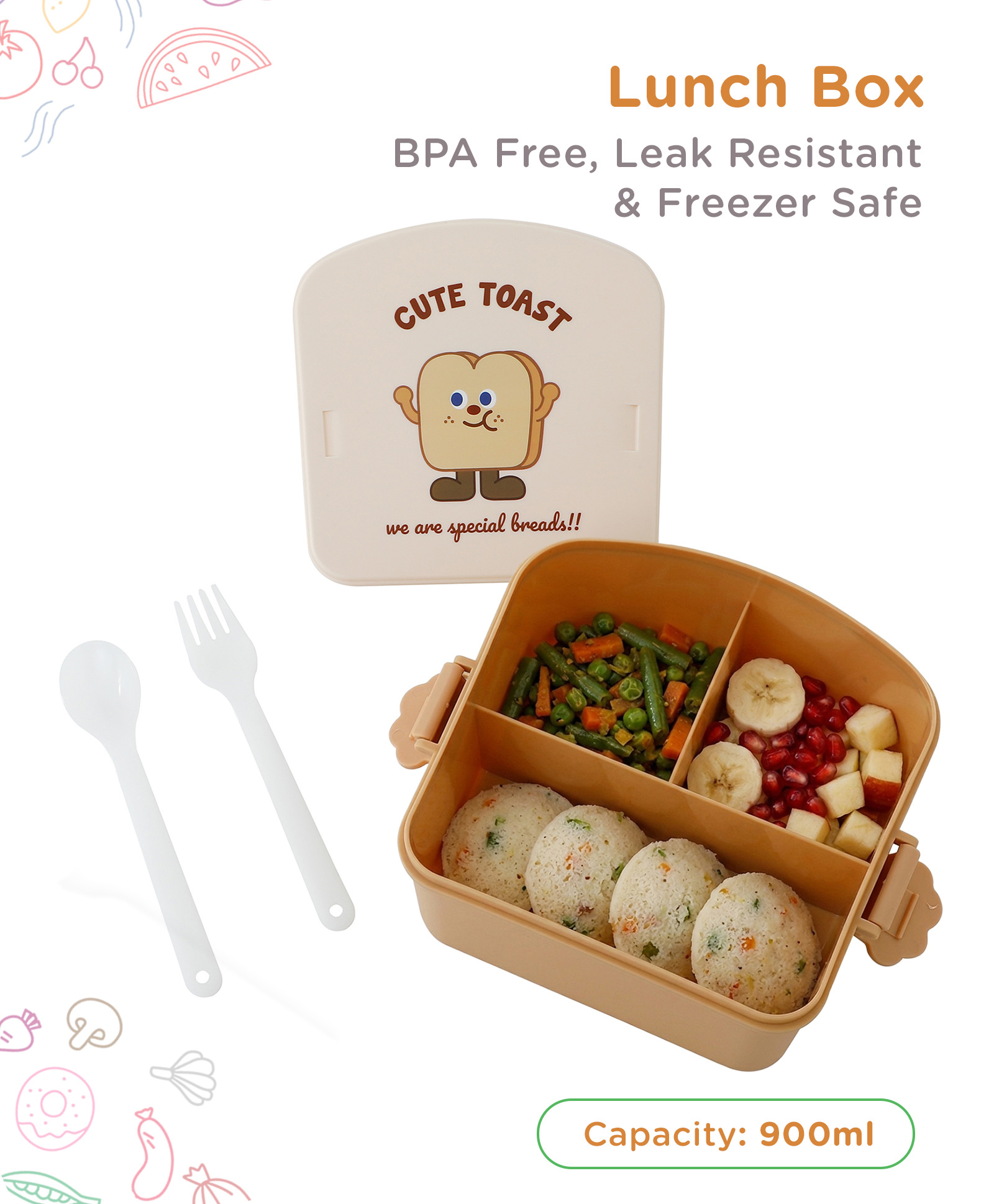 Cute Toast Kids Section Lunch Box 900 ml with Spoon & Fork - White Brown| BPA-Free| Freezer-Safe & Leak-Resistant| Multi-Compartment Tiffin for School & Travel| for School Going Boys & Girls-image-5