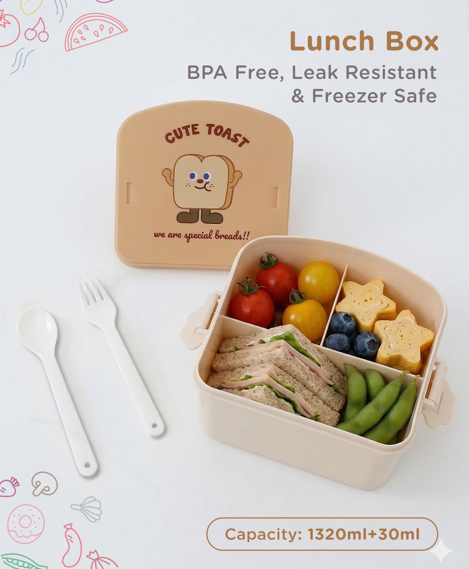 Cute Toast Kids Section Lunch Box 900 ml with Spoon & Fork - Brown White| BPA-Free| Freezer-Safe & Leak-Resistant| Multi-Compartment Tiffin for School & Travel| for School Going Boys & Girls-image-6