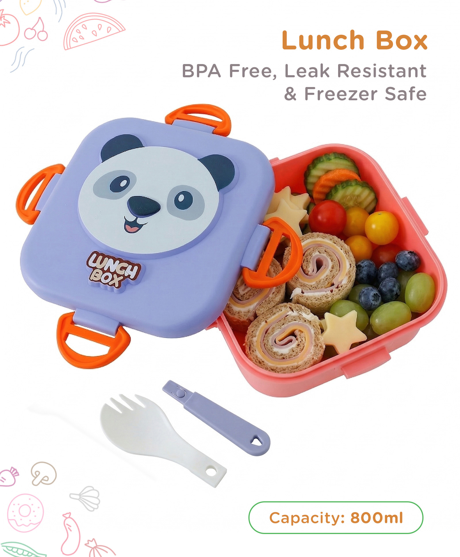 Panda Kids Lunch Box with Spoon 800 ml - Purple Pink| BPA-Free| Freezer-Safe & Leak-Resistant| Multi-Compartment Tiffin for School, Travel & Picnics| for School Going Boys & Girls-image-20