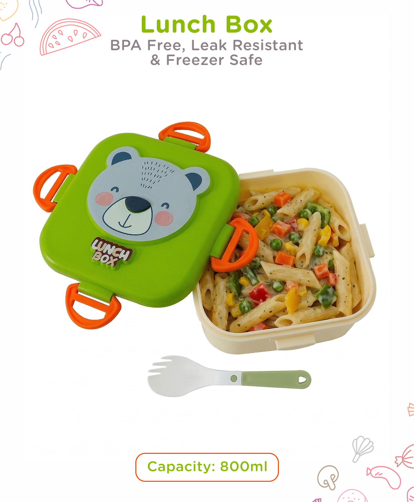 Bear Kids Lunch Box with Spoon 800 ml -Green White| BPA-Free| Freezer-Safe & Leak-Resistant| Multi-Compartment Tiffin for School, Travel & Picnics| for School Going Boys & Girls-image-45