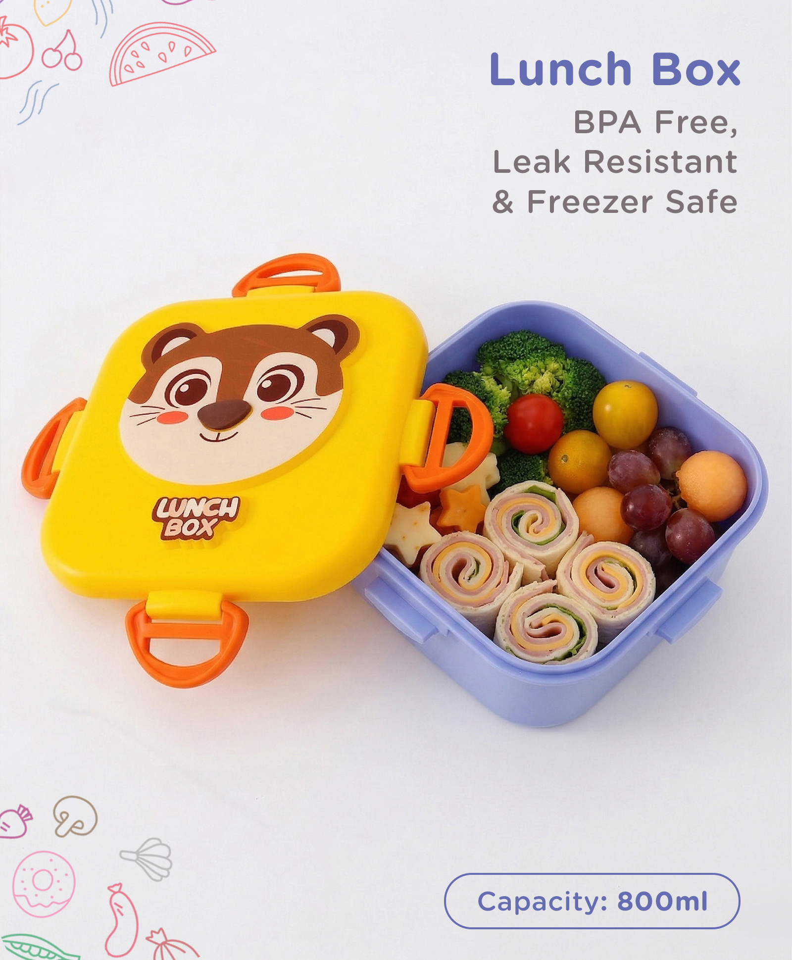 Tiger Kids Lunch Box with Spoon 800 ml -Yellow Blue| BPA-Free| Freezer-Safe & Leak-Resistant| Multi-Compartment Tiffin for School, Travel & Picnics| for School Going Boys & Girls-image-1