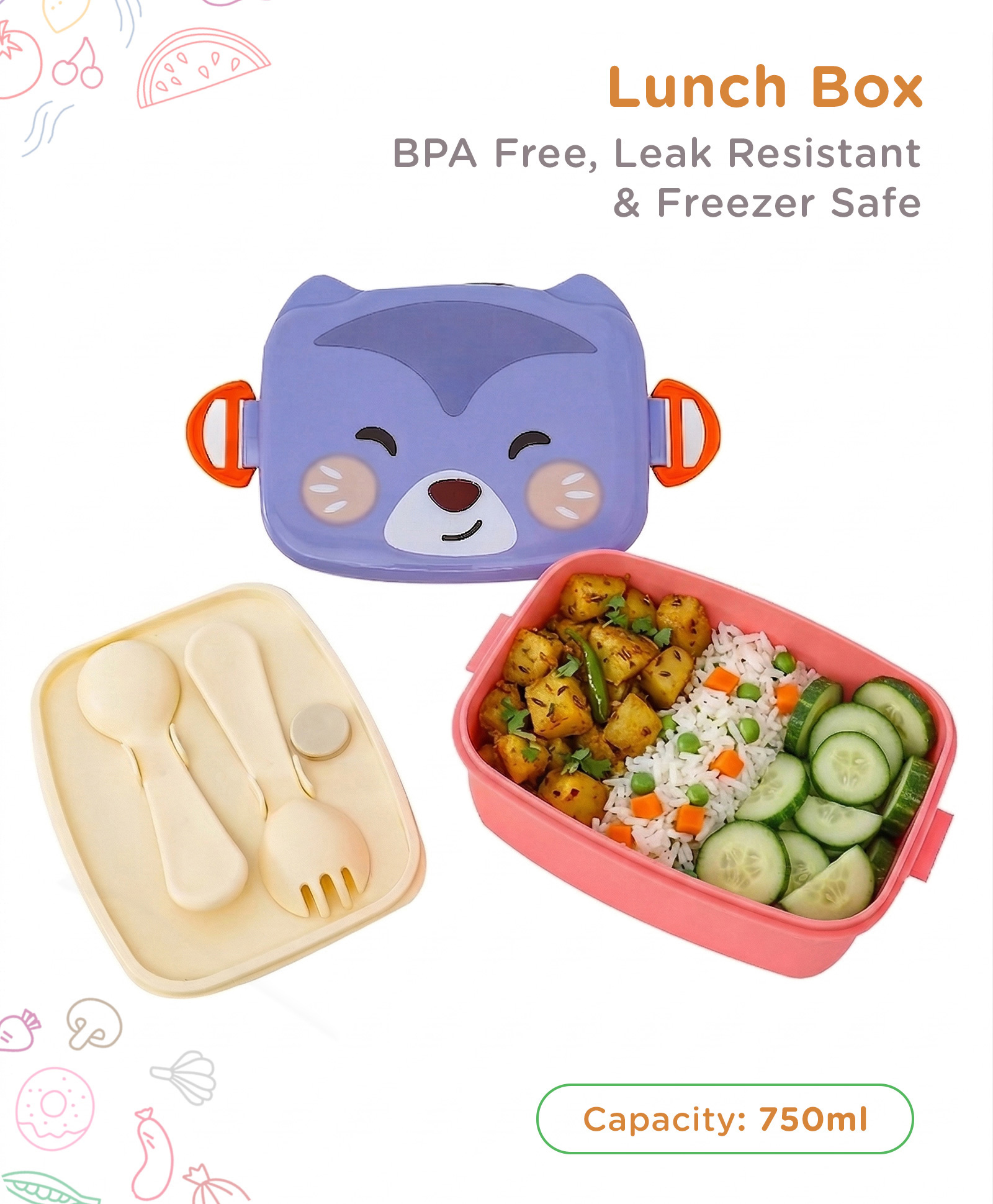 Cute Bear Kids Lunch Box 750 ml with Spoon & Fork - Blue Pink| BPA-Free| Freezer-Safe & Leak-Resistant| Tiffin for School & Travel| for School Going Boys & Girls-image-33