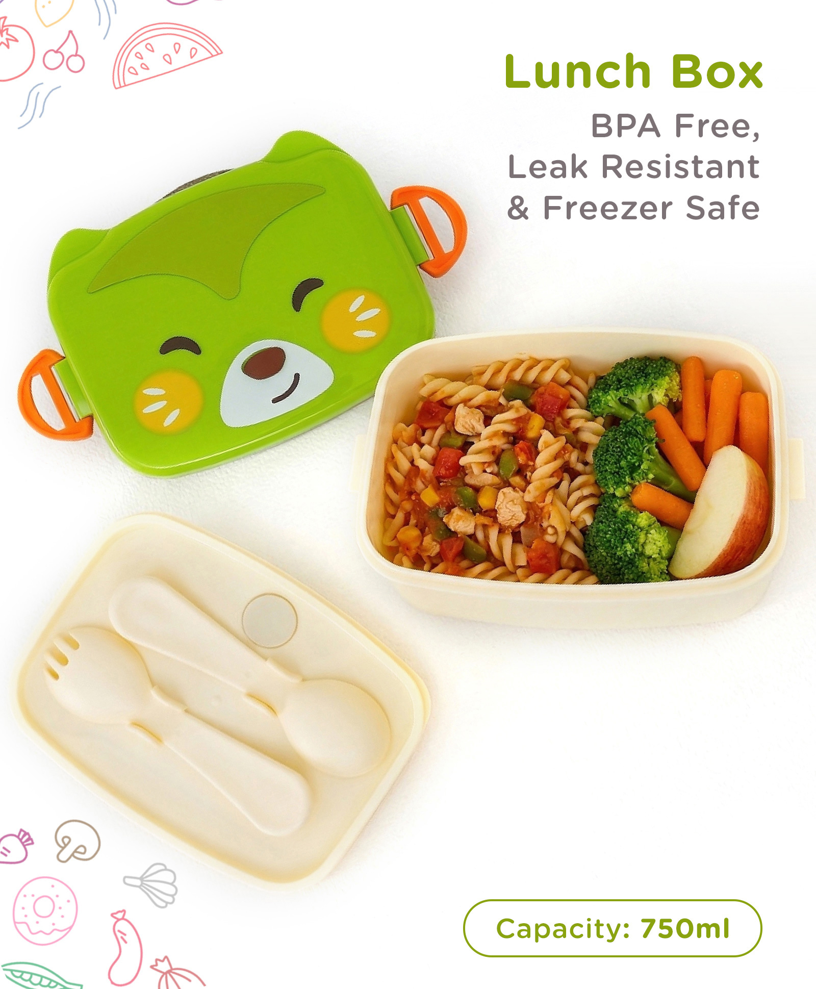 Cute Bear Kids Lunch Box 750 ml with Spoon & Fork - Green White| BPA-Free| Freezer-Safe & Leak-Resistant| Tiffin for School & Travel| for School Going Boys & Girls-image-30