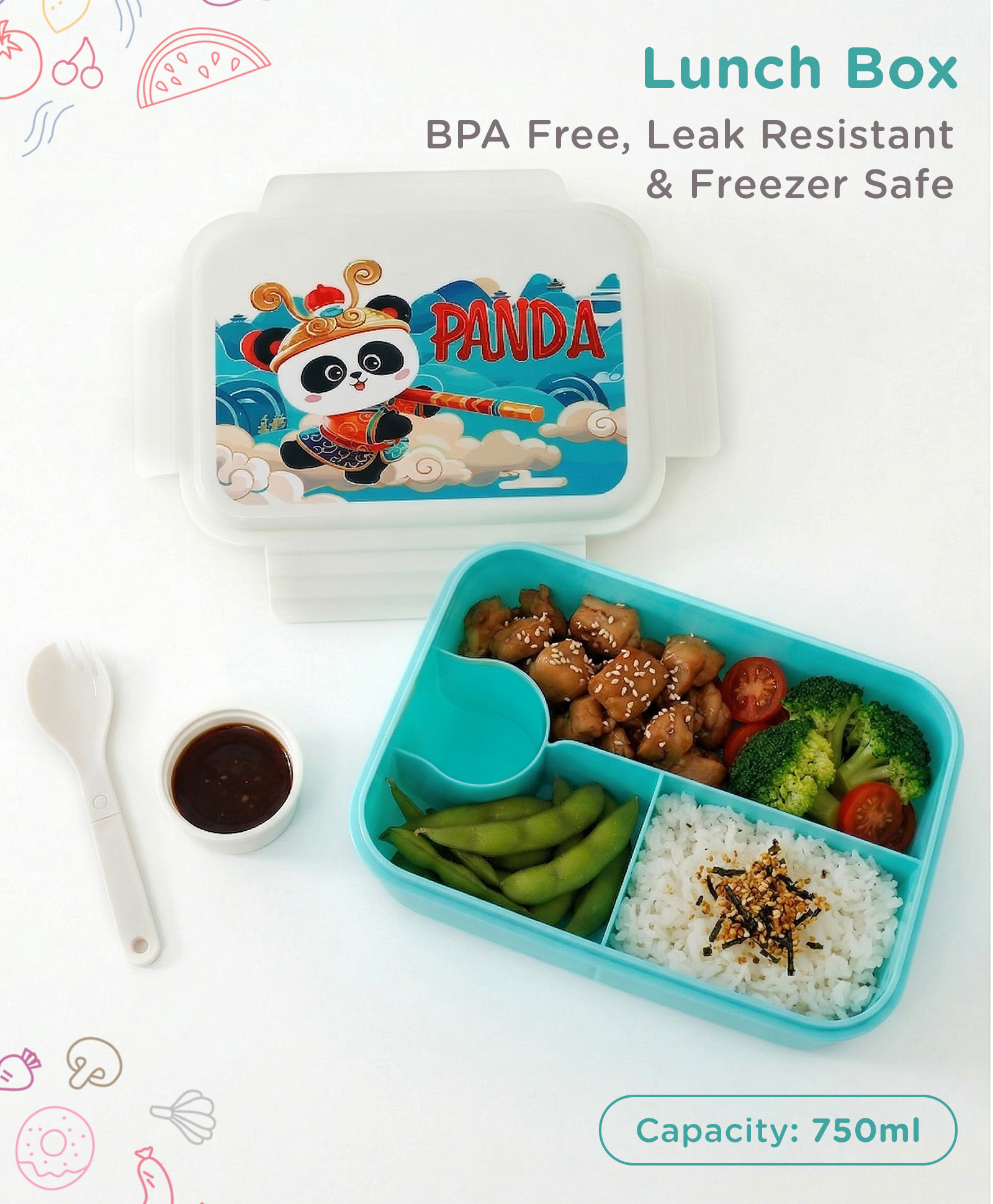 fab n funky Panda Kids Section Lunch Box 750 ml with Spoon cum Fork - White Blue| BPA-Free| Freezer-Safe & Leak-Resistant| Multi-Compartment Tiffin for School & Travel| for School Going Boys & Girls-picture-26