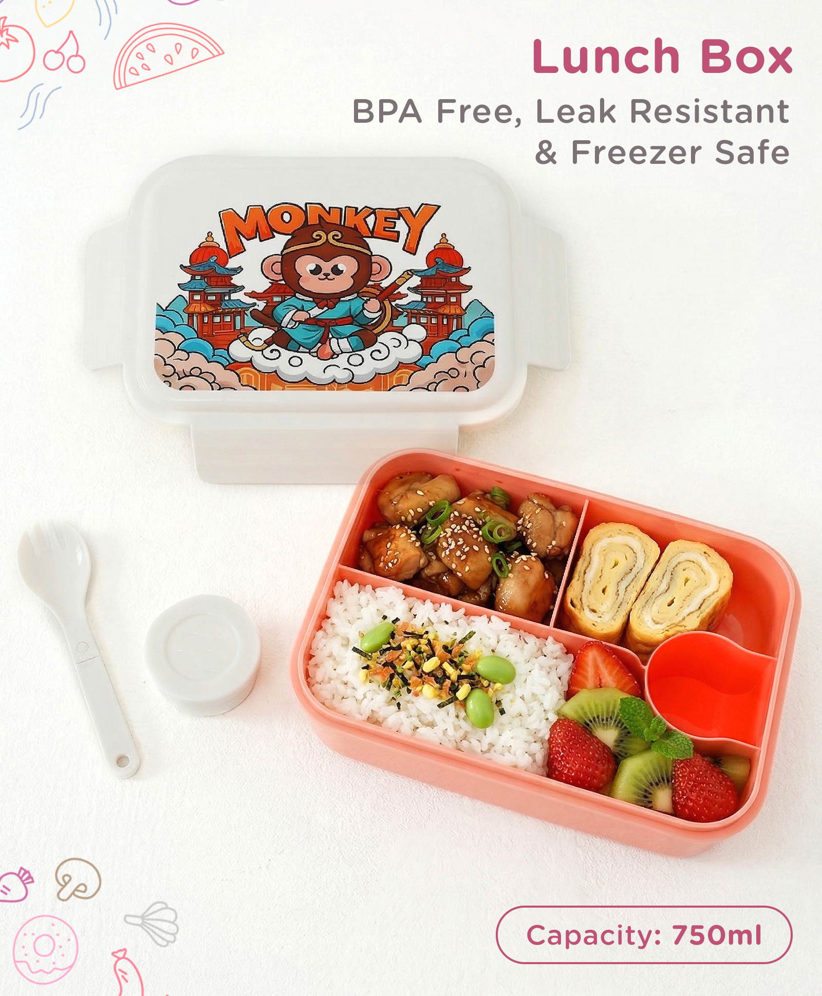 fab n funky Monkey Kids Section Lunch Box 750 ml with Spoon cum Fork - White Pink| BPA-Free| Freezer-Safe & Leak-Resistant| Multi-Compartment Tiffin for School & Travel| for School Going Boys & Girls-picture-24