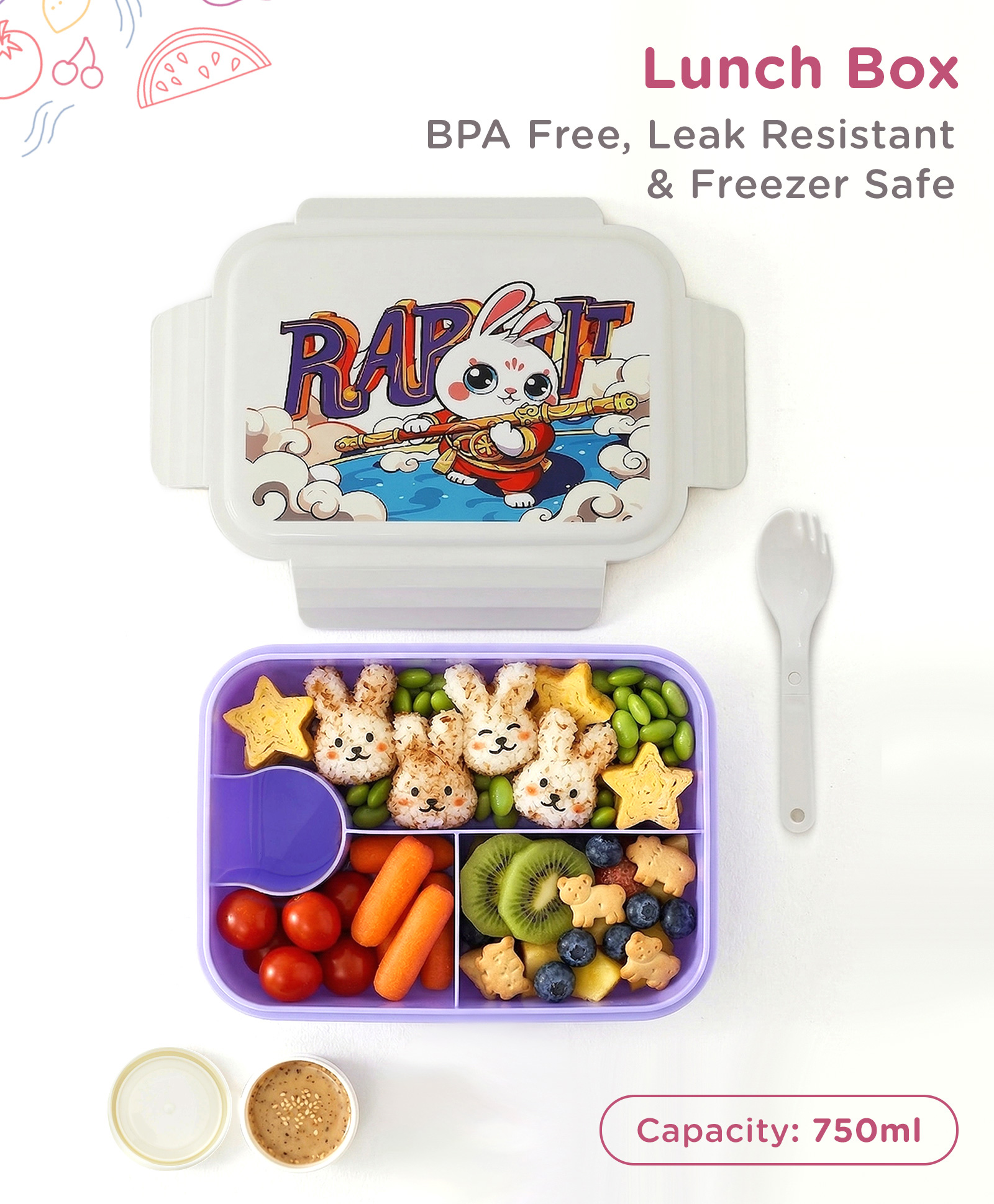 Rabbit Kids Section Lunch Box 750 ml with Spoon cum Fork - White Purple| BPA-Free| Freezer-Safe & Leak-Resistant| Multi-Compartment Tiffin for School & Travel| for School Going Boys & Girls-image-35