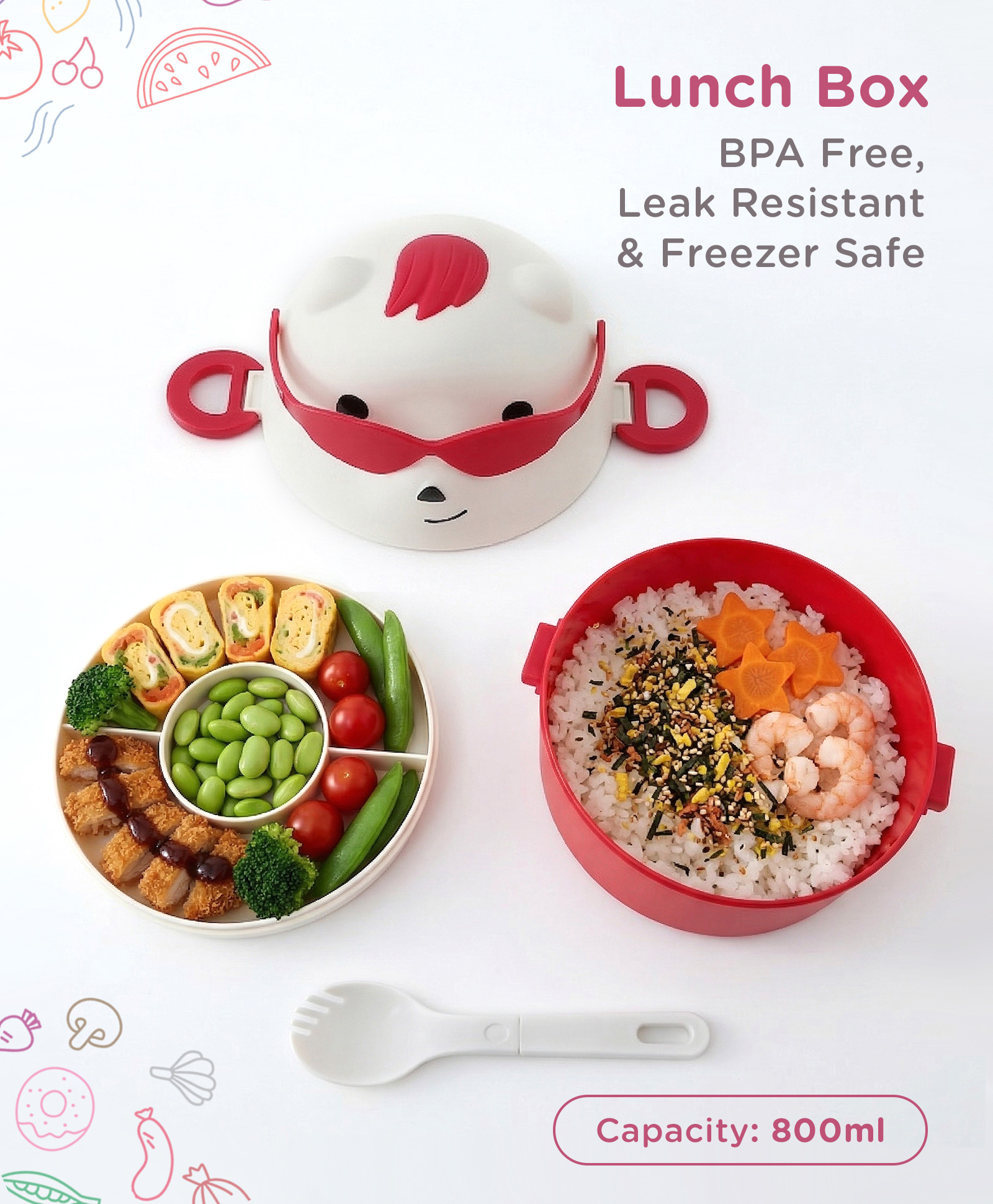 fab n funky Smart Bear Section Lunch Box 2 Compartment 800ml - White Pink| BPA Free| Leak-Resistant & Freezer Safe| Ideal for School, Home & Travel| for School Going Boys & Girls-picture-23