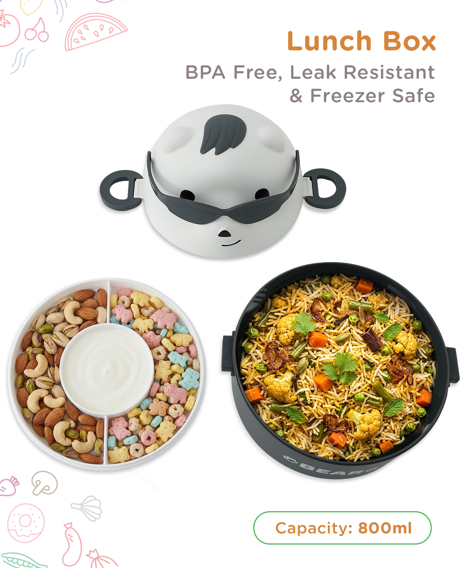 Smart Bear Section Lunch Box 2 Compartment 800ml - White Grey| BPA Free| Leak-Resistant & Freezer Safe| Ideal for School, Home & Travel| for School Going Boys & Girls-image-26
