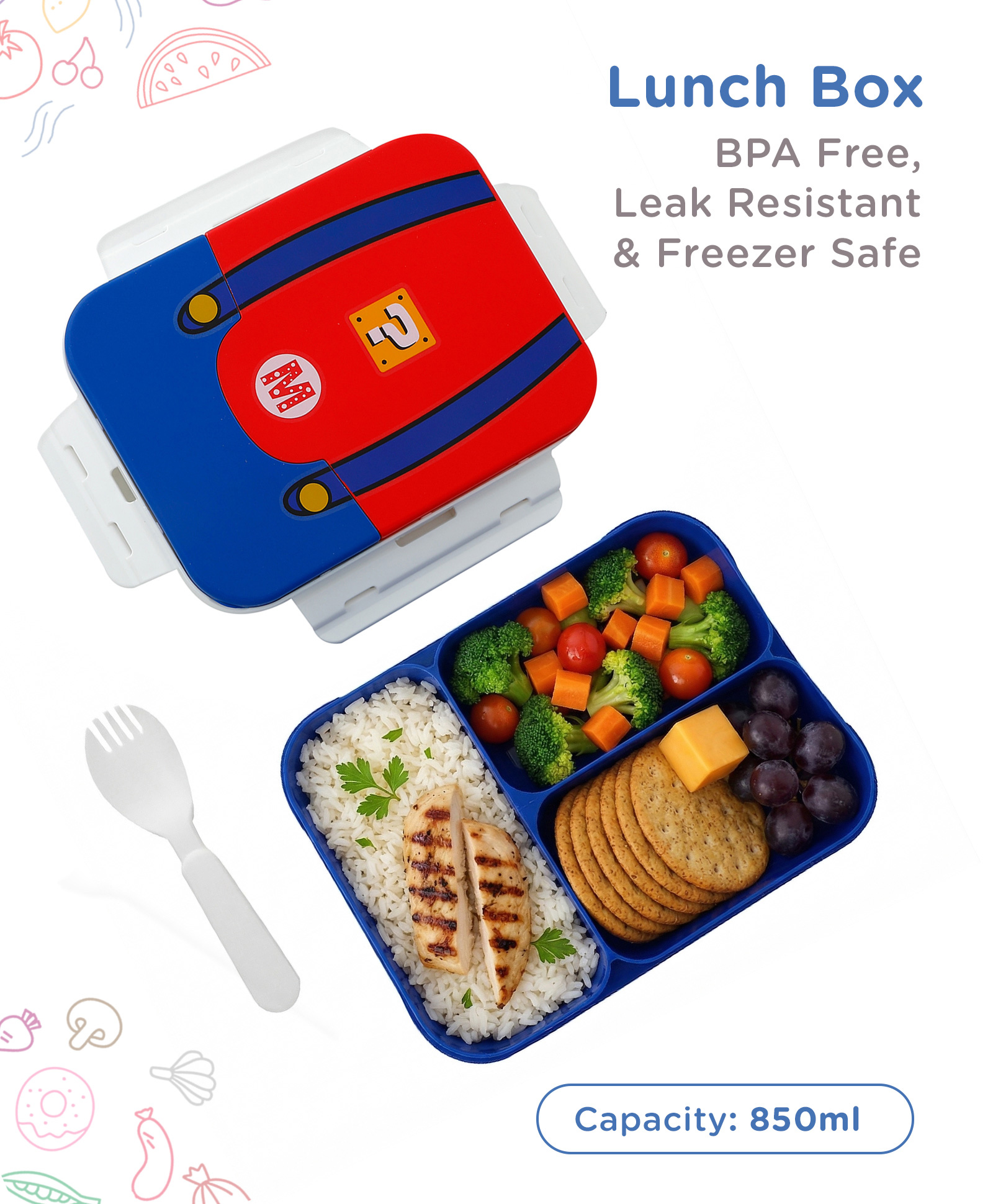 Outfit Theme 3 Compartment Lunch Box 850 ml - Blue Red| BPA Free| Leak Resistant & Freezer Safe| Spoon| Tiffin Box for School Going Boys & Girls-image-35