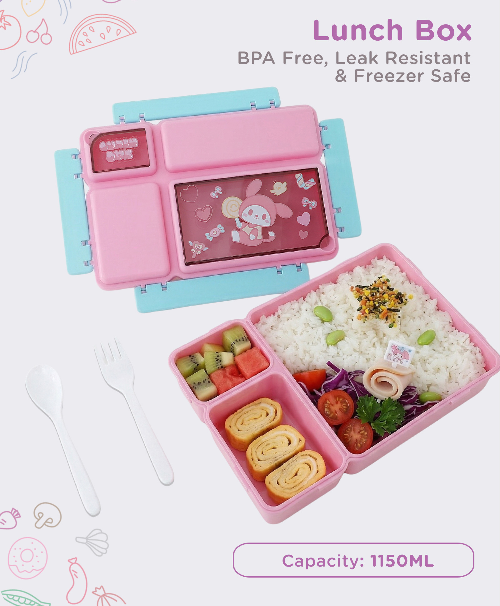 fab n funky Kids Lunch Box (1150 ml) with Clip Lock - Purple+Blue| Leak-Resistant, BPA-Free & Freezer-Safe| Multi-Compartment Lunch Box with Spoon & Fork for Boys & Girls-picture-36