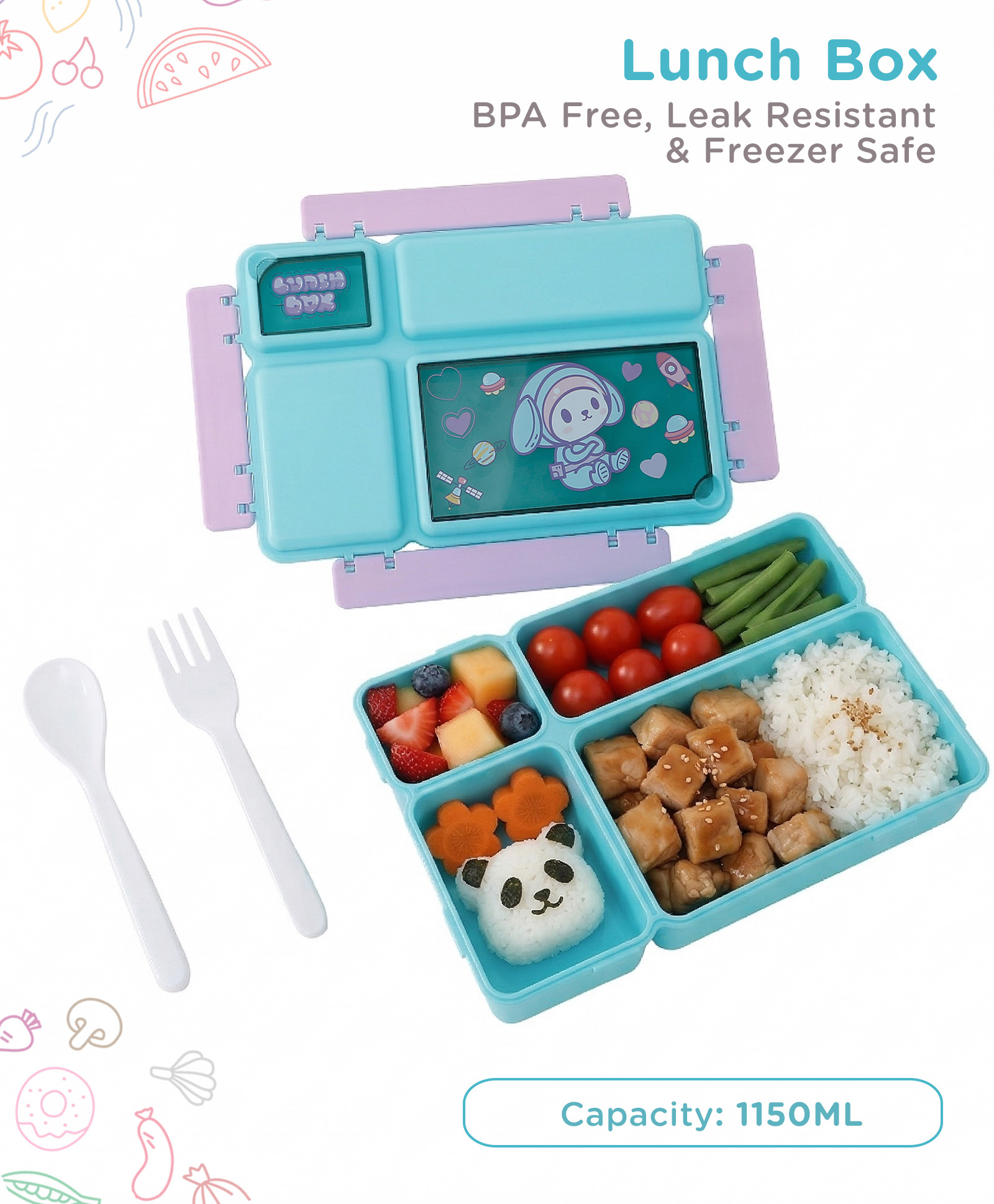 fab n funky Kids Lunch Box (1150 ml) with Clip Lock - Light Blue+Purple| Leak-Resistant, BPA-Free & Freezer-Safe| Multi-Compartment Lunch Box with Spoon & Fork for Boys & Girls-picture-26