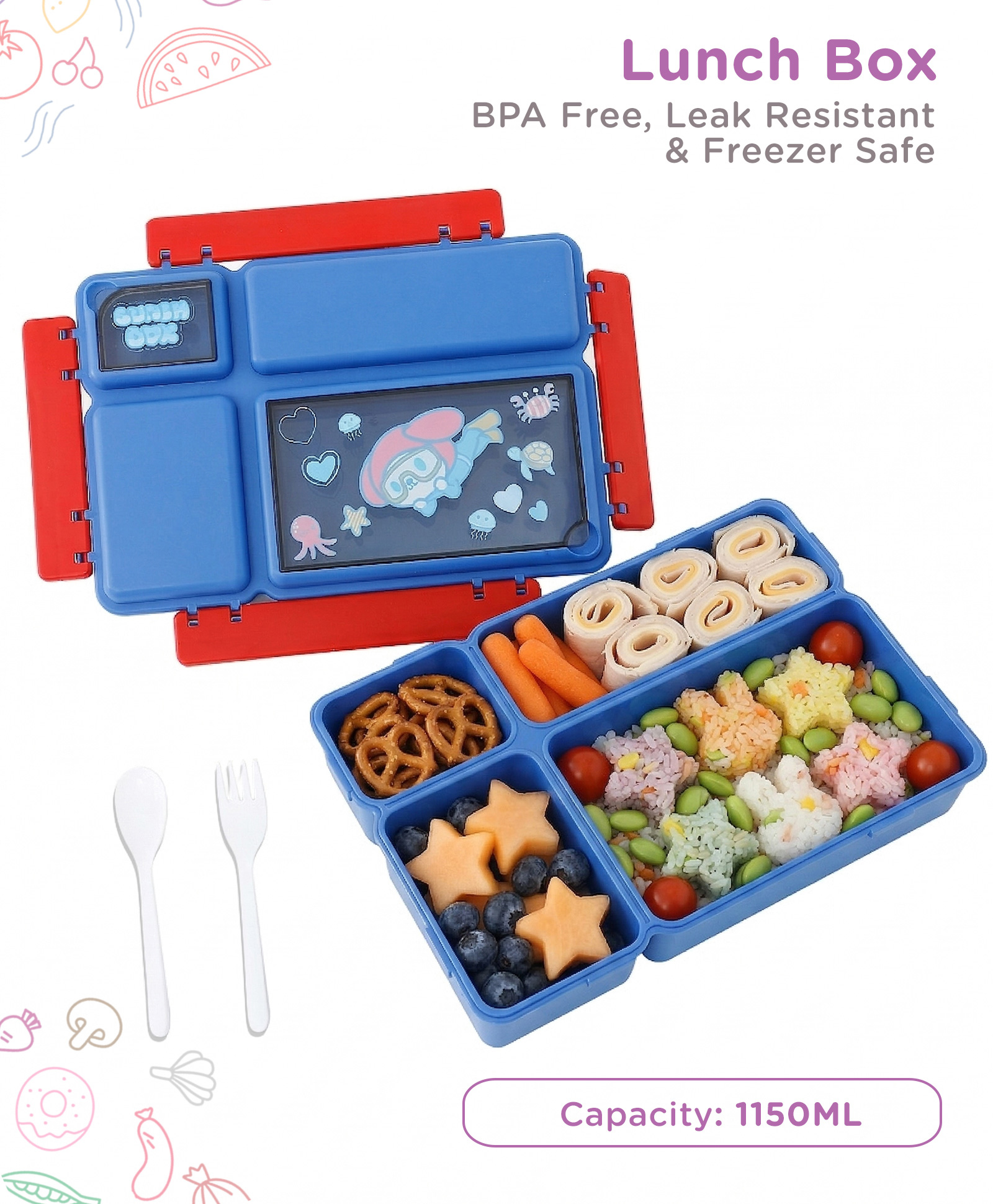 Kids Lunch Box (1150 ml) with Clip Lock - Blue+Red| Leak-Resistant, BPA-Free & Freezer-Safe| Multi-Compartment Lunch Box with Spoon & Fork for Boys & Girls-image-13