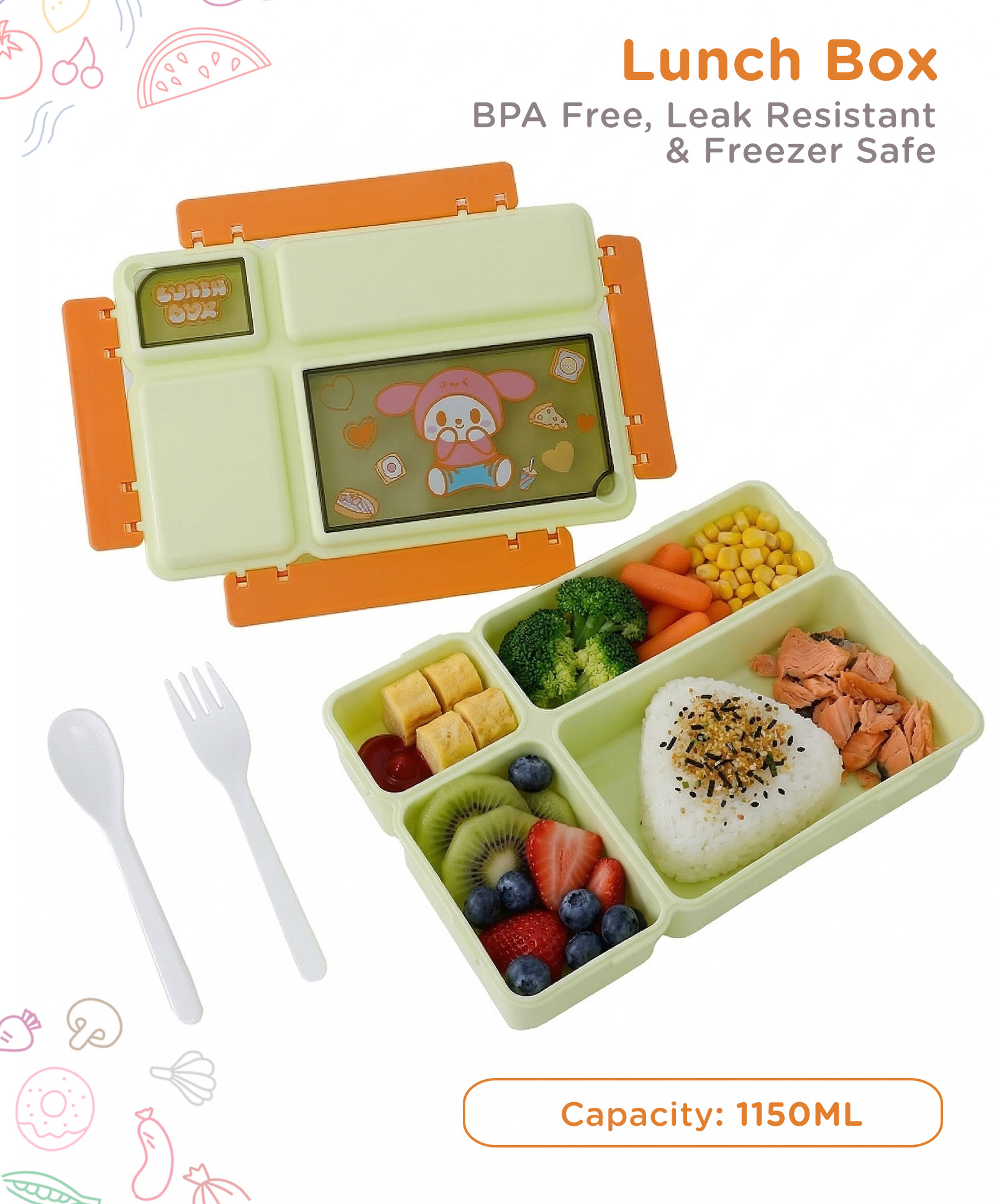 Kids Lunch Box (1150 ml) with Clip Lock - Green+Orange| Leak-Resistant, BPA-Free & Freezer-Safe| Multi-Compartment Lunch Box with Spoon & Fork for Boys & Girls-image-37