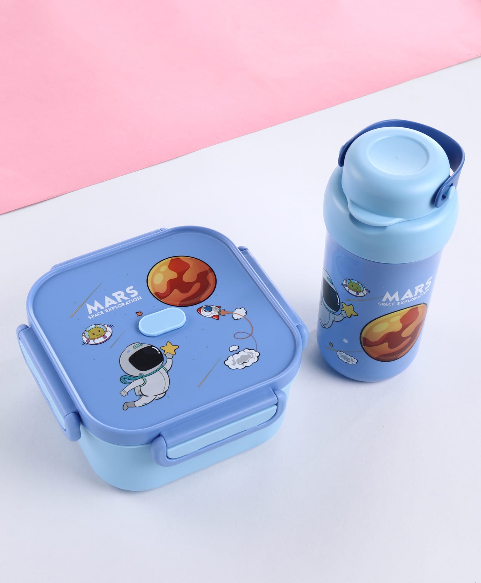 fab n funky Kids Lunch Box with Clip Lock & Water Bottle Set - Blue| 1100 ml Lunch Box with 470 ml Bottle| BPA-Free Food Storage Combo| with Spoon & Fork| for School going Boys & Girls-picture-34
