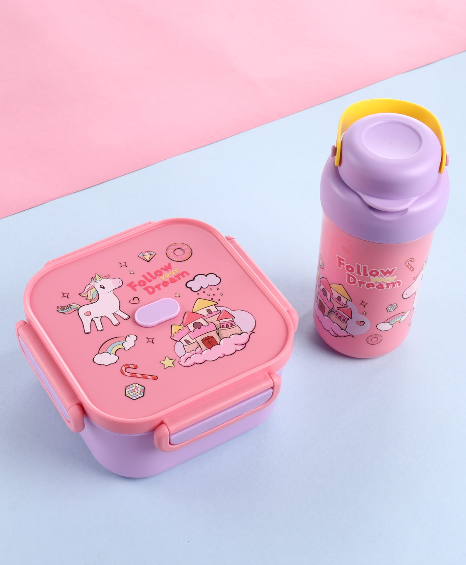 fab n funky Kids Lunch Box with Clip Lock & Water Bottle Set - Pink Purple| 1100 ml Lunch Box with 470 ml Bottle| BPA-Free Food Storage Combo| with Spoon & Fork| for School going Boys & Girls-picture-16