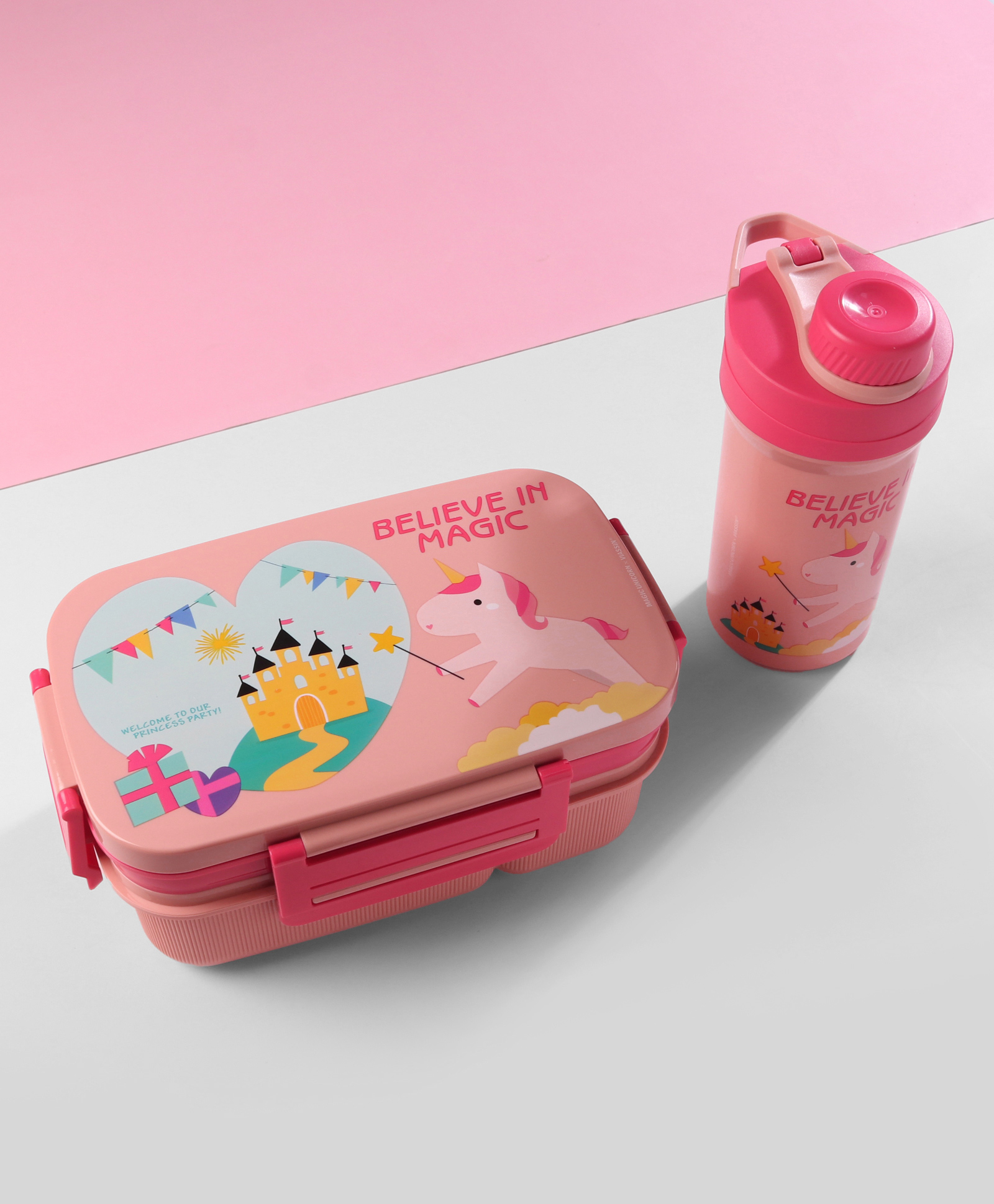 Magic Unicorn Lunch Box & Bottle Set Pink| 2 Compartment| Lunch Box:1.8L, Bottle:500ml| BPA Free, Leak restraint, Freezer safe| Ideal for School, Home & Travel-image-9