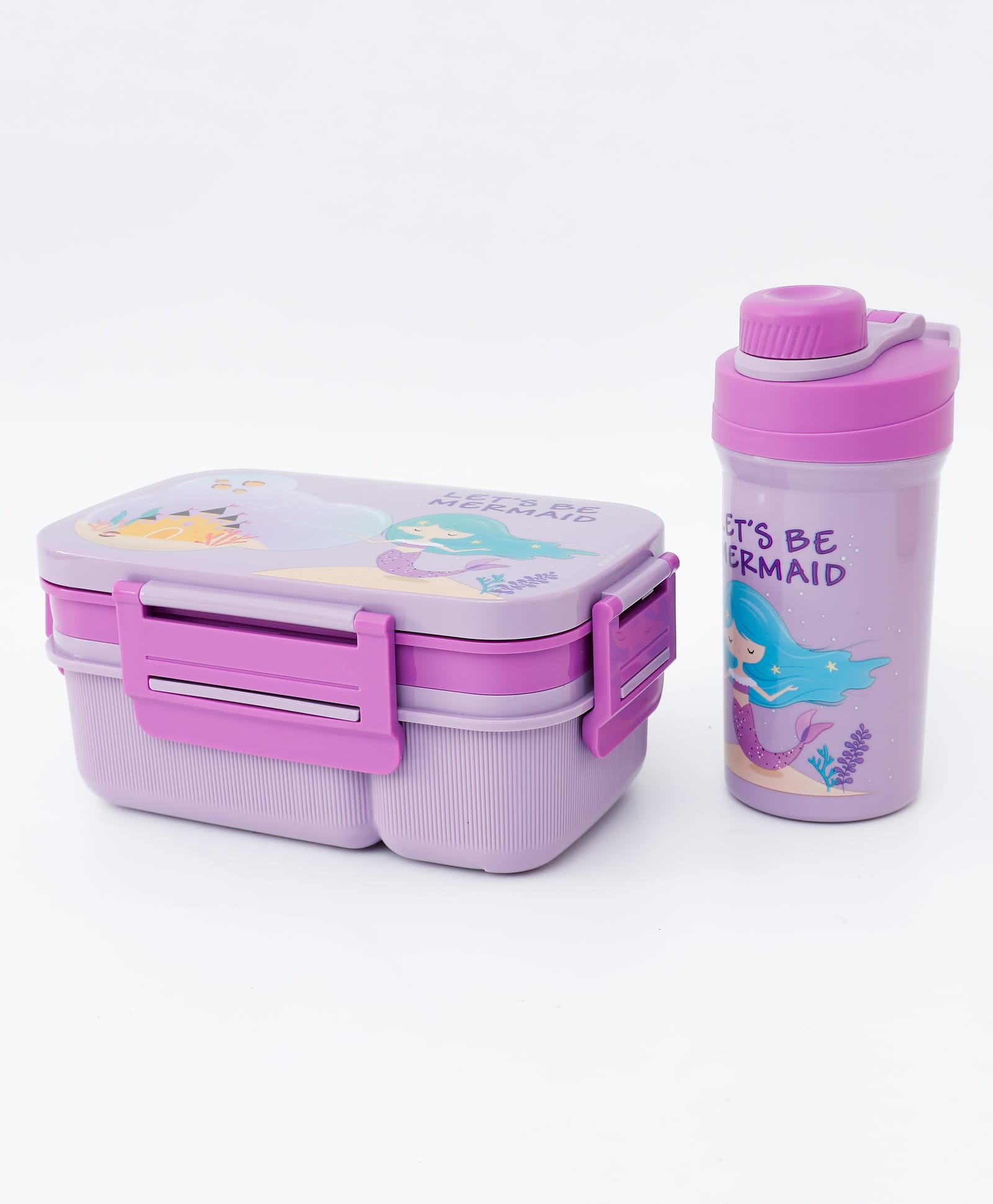 Mermaid Lunch Box & Bottle Set Purple| 2 Compartment| Lunch Box:1.8L, Bottle:500ml| BPA Free, Leak restraint, Freezer safe| Ideal for School, Home & Travel