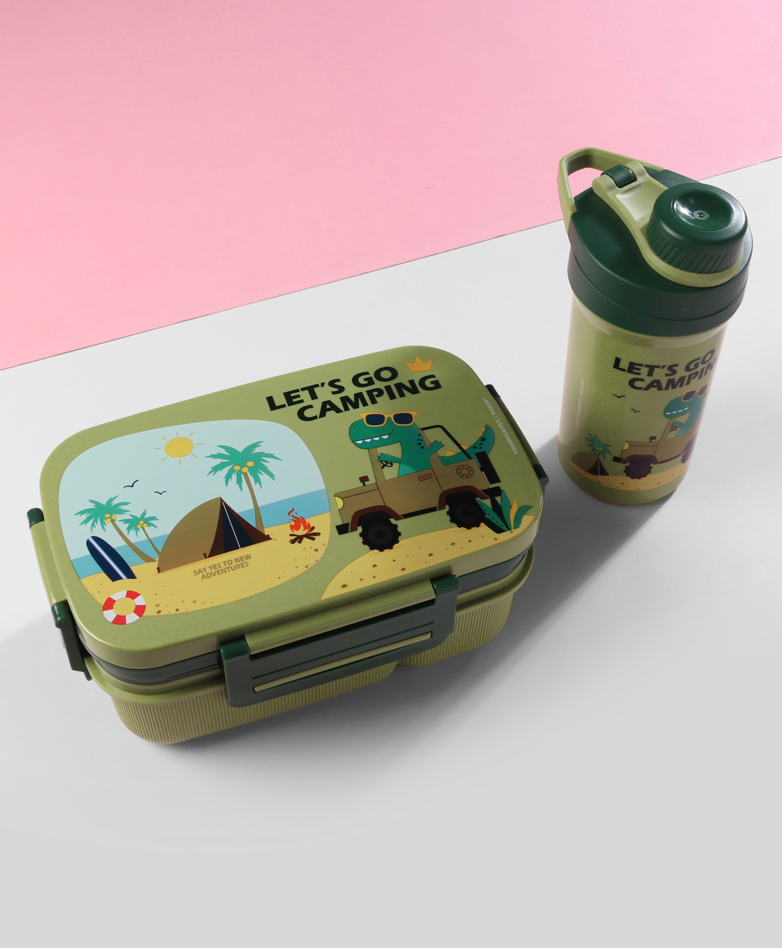 Camping Dino Lunch Box & Bottle Set Green| 2 Compartment| Lunch Box:1.8L, Bottle:500ml| BPA Free, Leak restraint, Freezer safe| Ideal for School, Home & Travel-image-3
