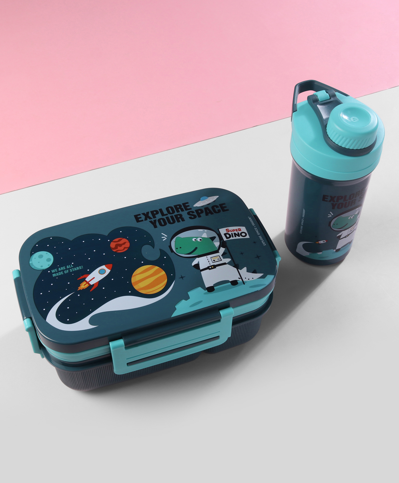 Astronaut Dino Lunch Box & Bottle Set Blue| 2 Compartment| Lunch Box:1.8L, Bottle:500ml| BPA Free, Leak restraint, Freezer safe| Ideal for School, Home & Travel-image-7