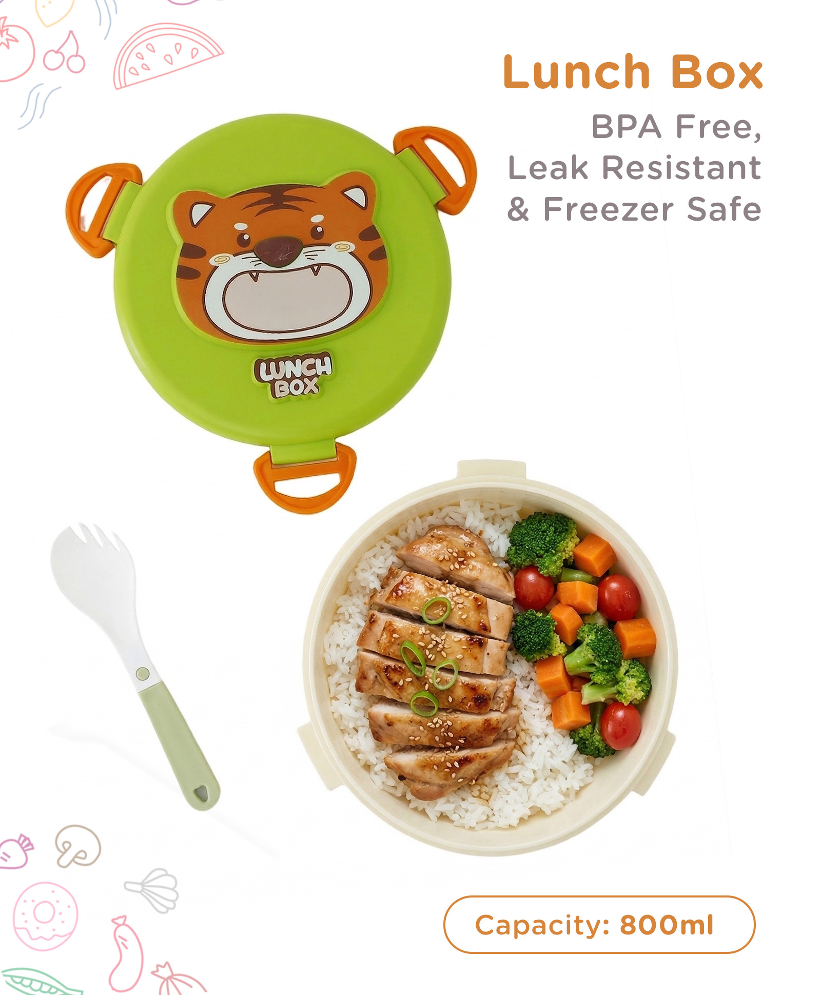 Funny Bear Lunch Box 1 Compartment 800ml - Green White| BPA Free| Leak-Resistant & Freezer Safe| Ideal for School, Home & Travel| for School Going Boys & Girls-image-28