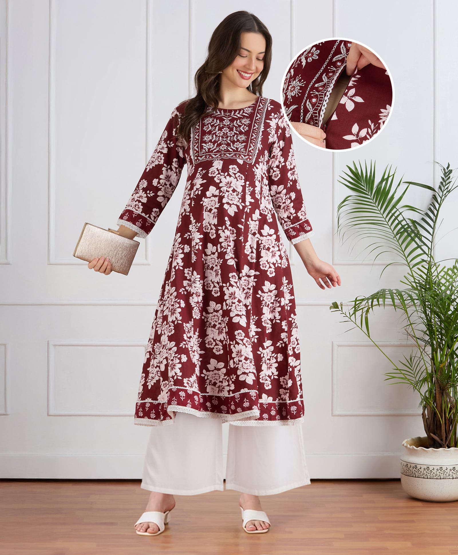 Bella Mama Woven Three Fourth Sleeves Maternity Suit Set with Floral Embroidered Yoke - Maroon