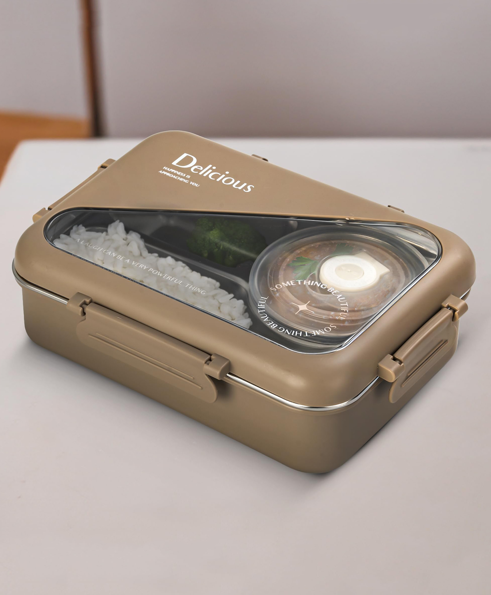 BAYBEE Nibblish Kids Lunch Box 1050ml Stainless Steel Lunch Box for Kids, Men & Women | Leak Proof Tiffin Box for School,College & Office | Hot Microwave Safe Food Lunch Box with 3 Partition (Brown)-image-9